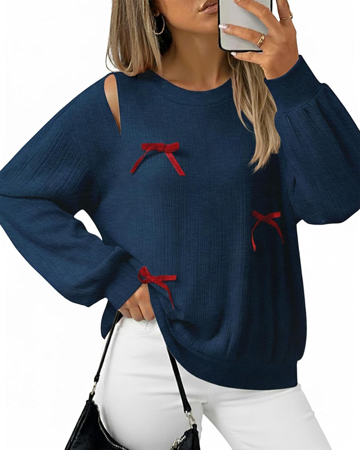 Unixseque Long Sleeve Shirts for Women Lightweight Knit Off Shoulder Bow Tops Trendy Casual Fall Outfits - Image 4