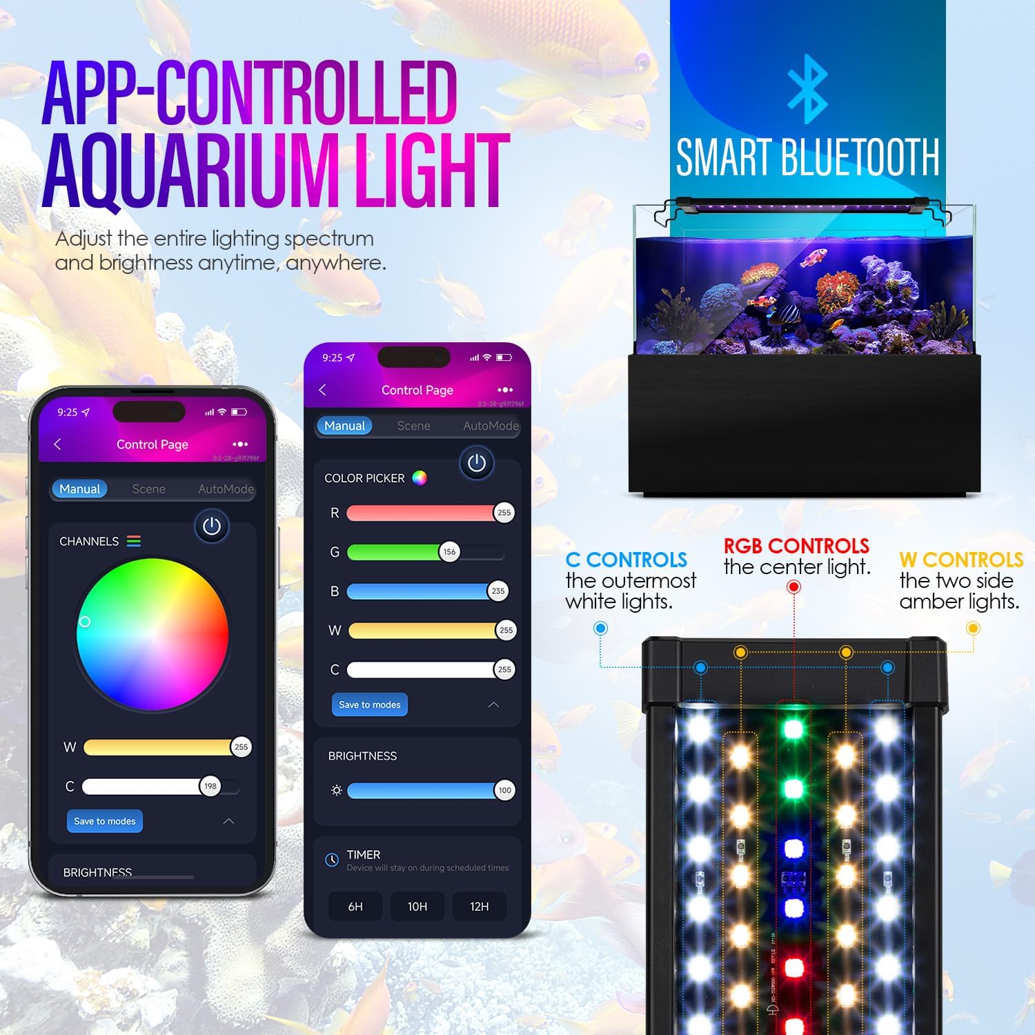 Gamalta 22W Smart Bluetooth App-Controlled Aquarium Light - Customizable Light Colors,Timeable,24/7 User-Defined Sunrise/Sunset Simulation,Tropical Lighting Mode,Suitable for 24-30" Fish Tanks Black-Bluetooth App control For 24~30inch Fish Tank