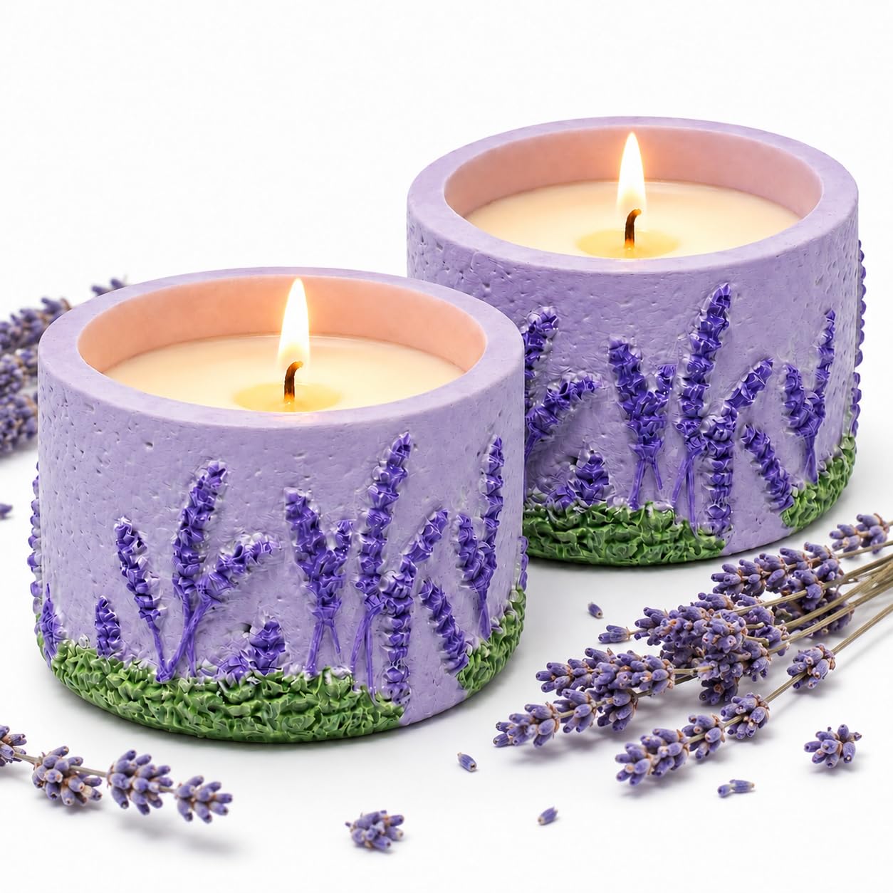 ZAWUU 2-Pack Lavender Scented Candles, 3D Floral Relief Soy Wax