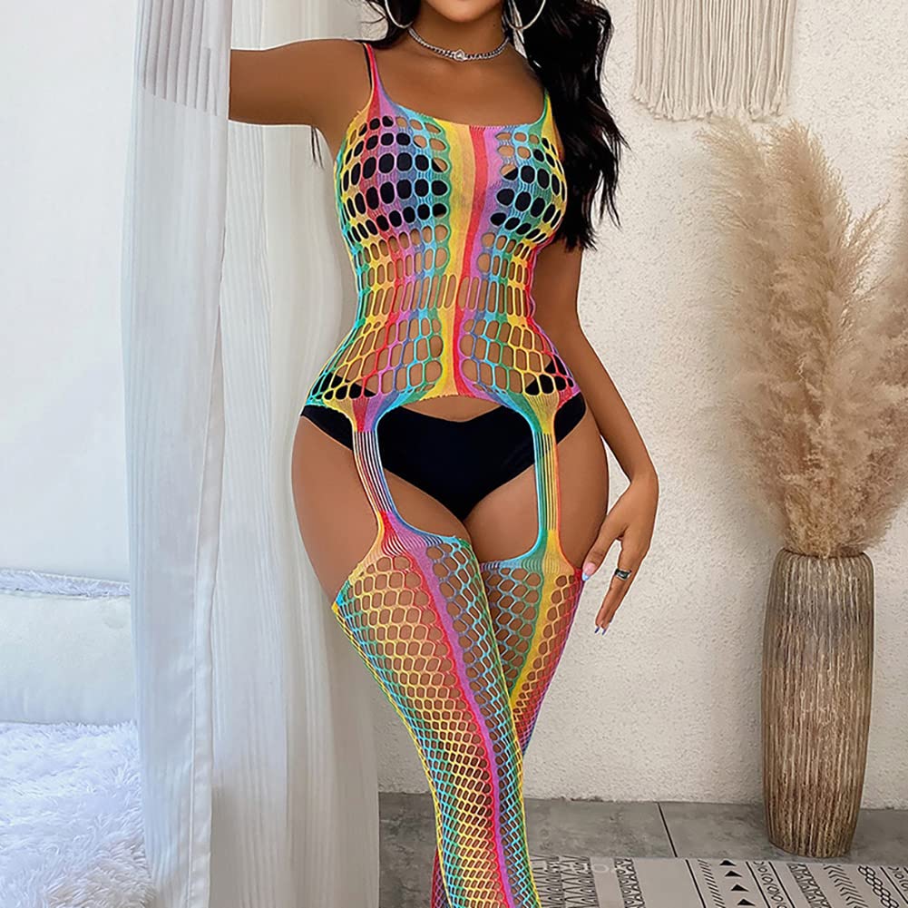 ABAFIP Women Colorful Rainbow Striped Fishnet Bodysuit Teddy Babydoll Mini Dress Festival Rave Dance Bikini Beach Coverups