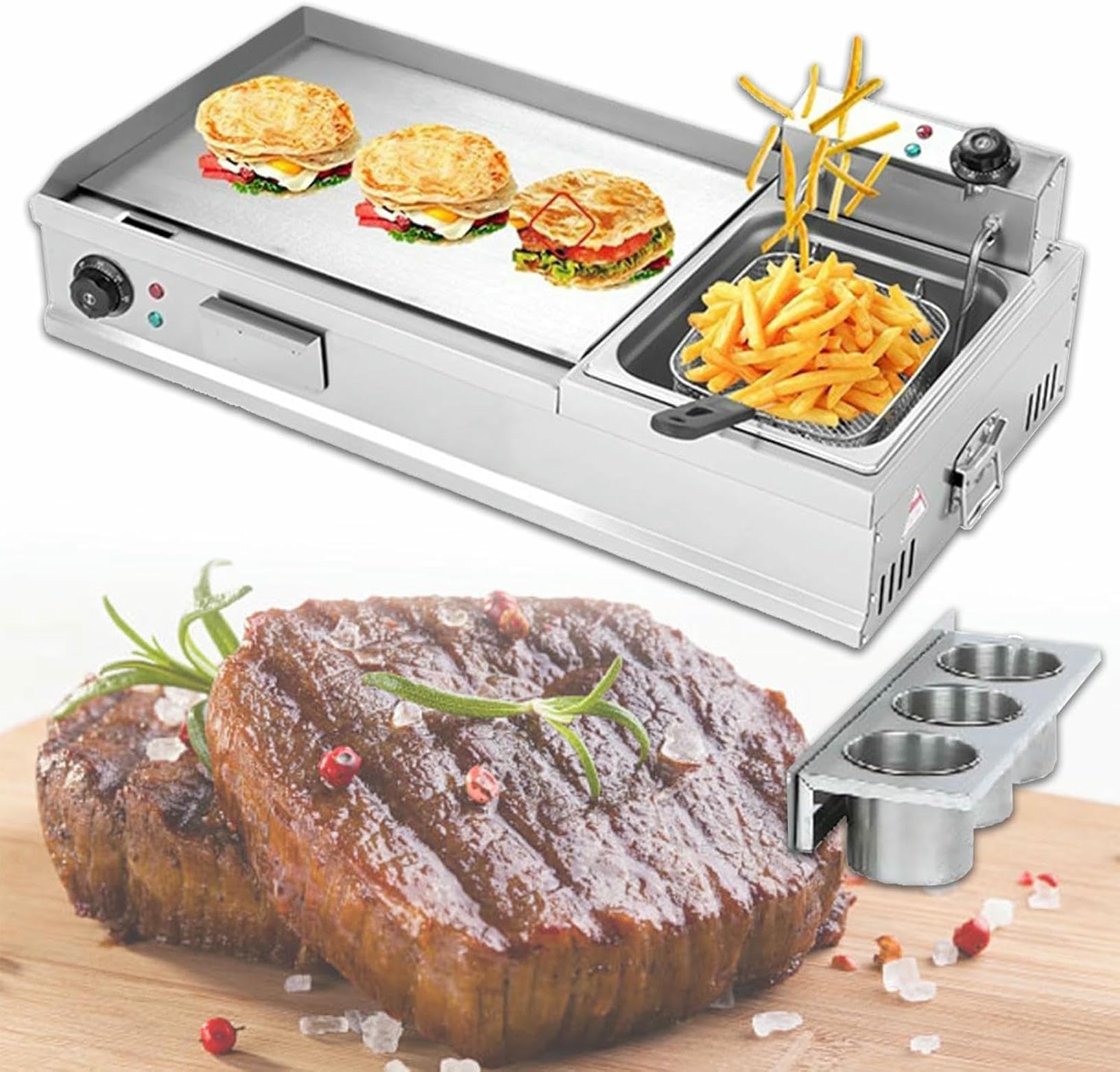 GYKOZY Commercial Electric Griddles Extra Large with Fryer, Countertop Griddle Stainless Steel Grill with Seasoning Rack, for Fried Pizza