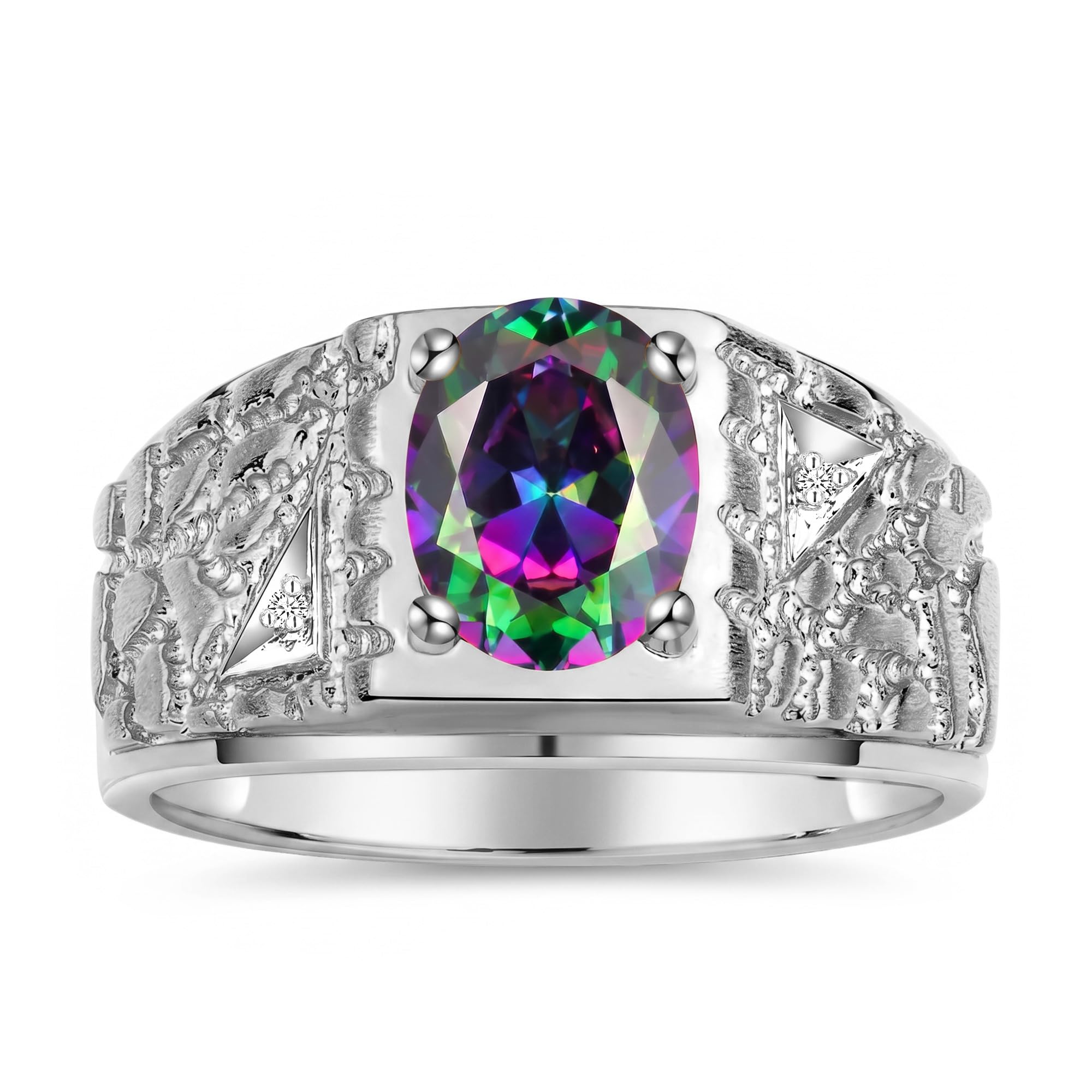 Rylos Men's Rings Designer Nugget Ring: Oval 9X7MM Gemstone &amp; Sparkling Diamonds - Color Stone Birthstone Rings for Men, Sterling Silver Rings in Sizes 8-13. Mens Jewelry
