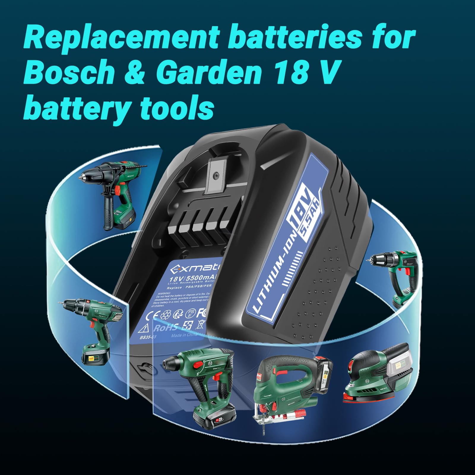 Exmate - Batería de repuesto para Bosch PBA PSB PSR (18 V, 5500 mAh, para 18 V, Gardena 18 VSystem PSB 18 LI-2, PST 18 LI, UNEO MAXXH, Uneo Maxx, 1600A005B0 2607335040 2607336039 26039) 73360 40