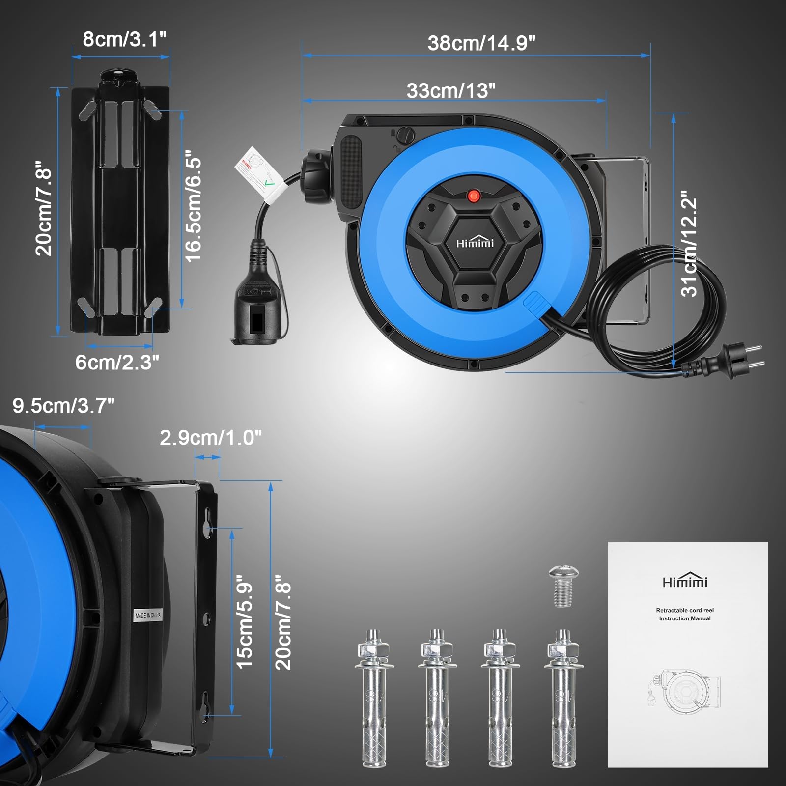 Enrouleur de câble automatique avec support 15m + 2m | enrouleur automatique electrique monté mur et plafond | 1500 W ~ 3000 W | rallonges éléctriques rotatif à 180° | Protection Degré IP44
