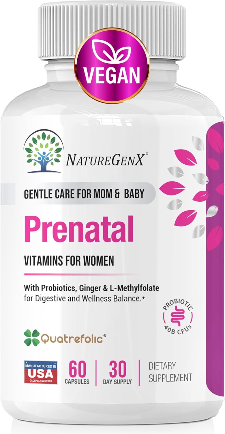 Vitaminas prenatales para mujeres con hierro, metilfolato, B12 y jengibre, probióticos prenatales veganos para mujeres con más de 27 nutrientes