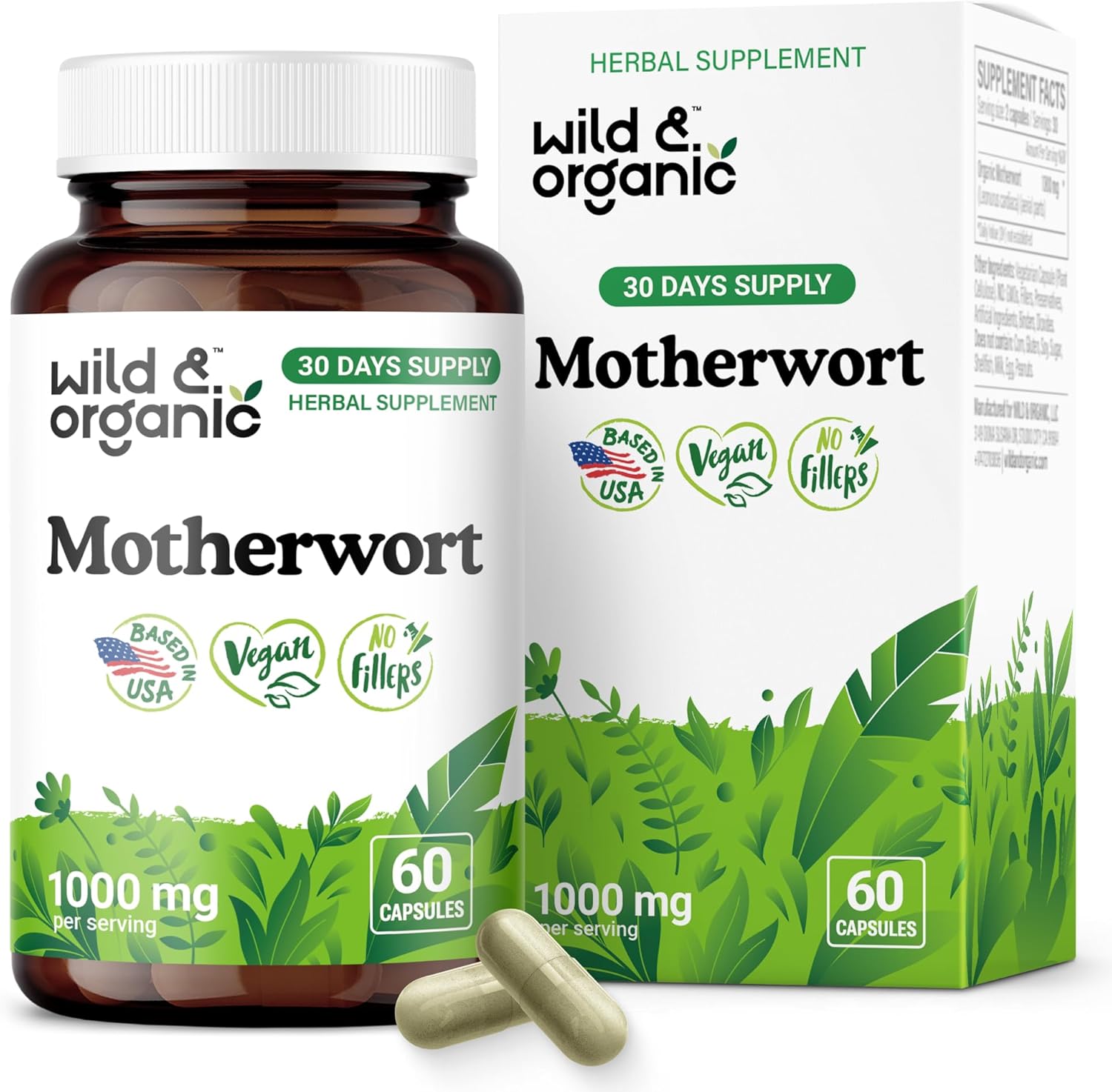 Wild & Organic Motherwort Capsules 1000 mg - Calmness & Women's Support - Motherwort Herb Supplement - 30 Days of Supply - 60 Vegan Capsules - Non-GMO, Gluten-Free, No Additives