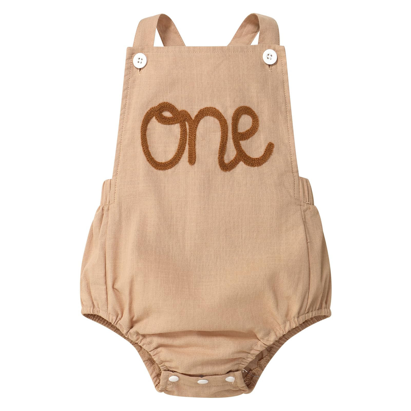 Baby Girls Boys Boho 1st Birthday Outfit Corduroy Solid Color Cake Smash Overalls Romper Sleeveless Backless One Letter Print First Birthday Outfits Clothes for Photo Shoot Deep Khaki One 12-18 Months
