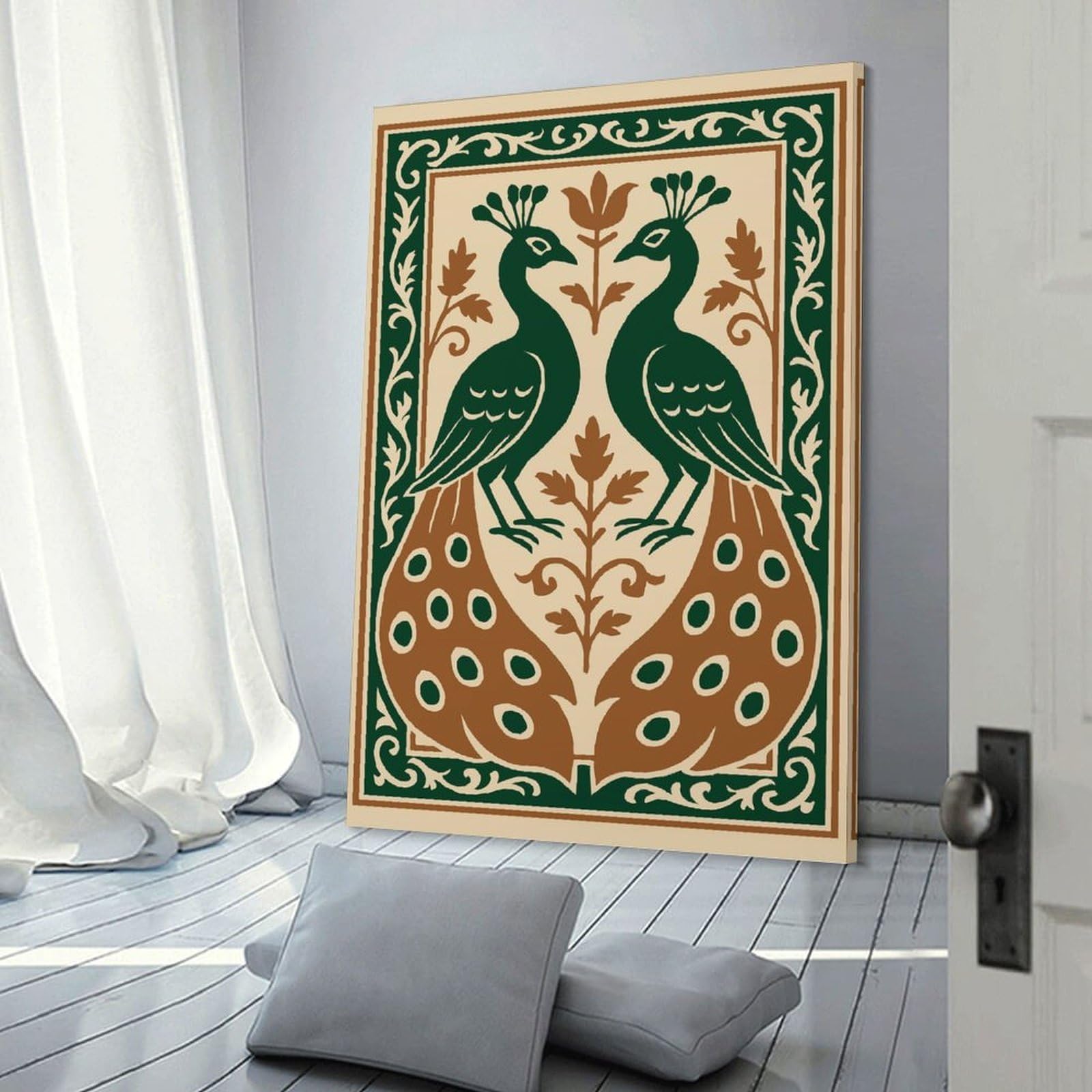 Junmoney Vintage Art Nouveau Peacock Art – Emerald & Gold Wall Decor Canvas Wall Art, 20x30inch(50x75cm), for Bedroom, Guest Room Or Reading Nook, Decorative Wall Art for Cosy Rooms
