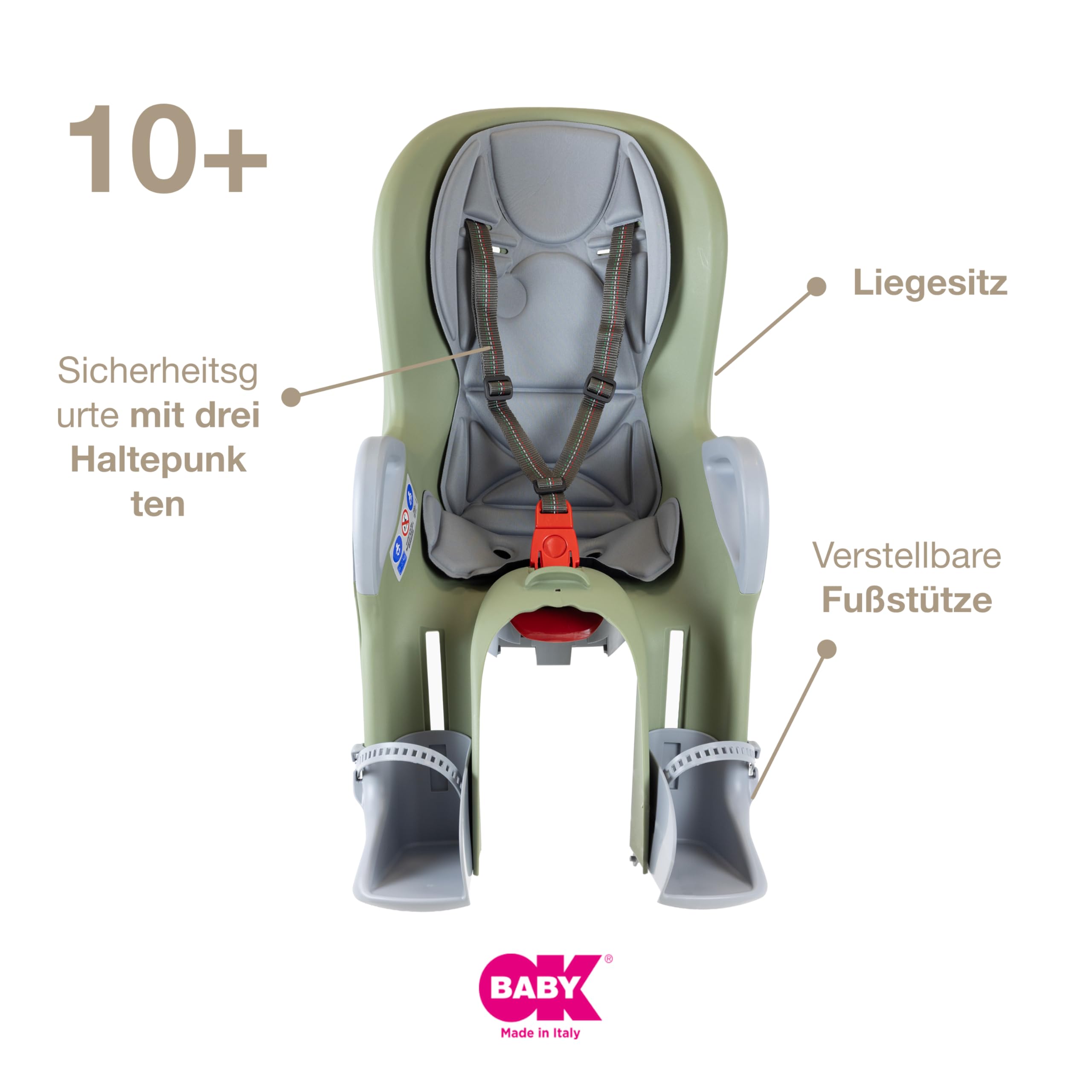 OKBABY 10+ - Fahrradsitz hinten für Kinder bis 22 kg mit Liegefunktion - Salbeigrün