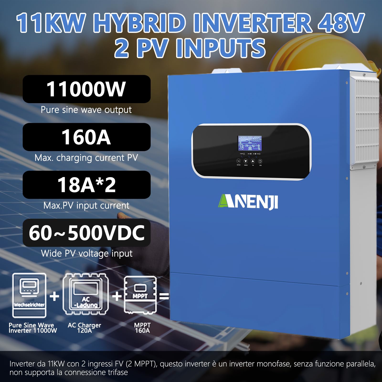 11KW Inverter ibrido 48V, 2 Ingressi FV, Funziona Senza Batteria, Inverter a Onda Sinusoidale Pura (WiFi/BMS), FV 60-500VDC, In Grado Di Immettere Energia In Rete, Con Modulo WiFi
