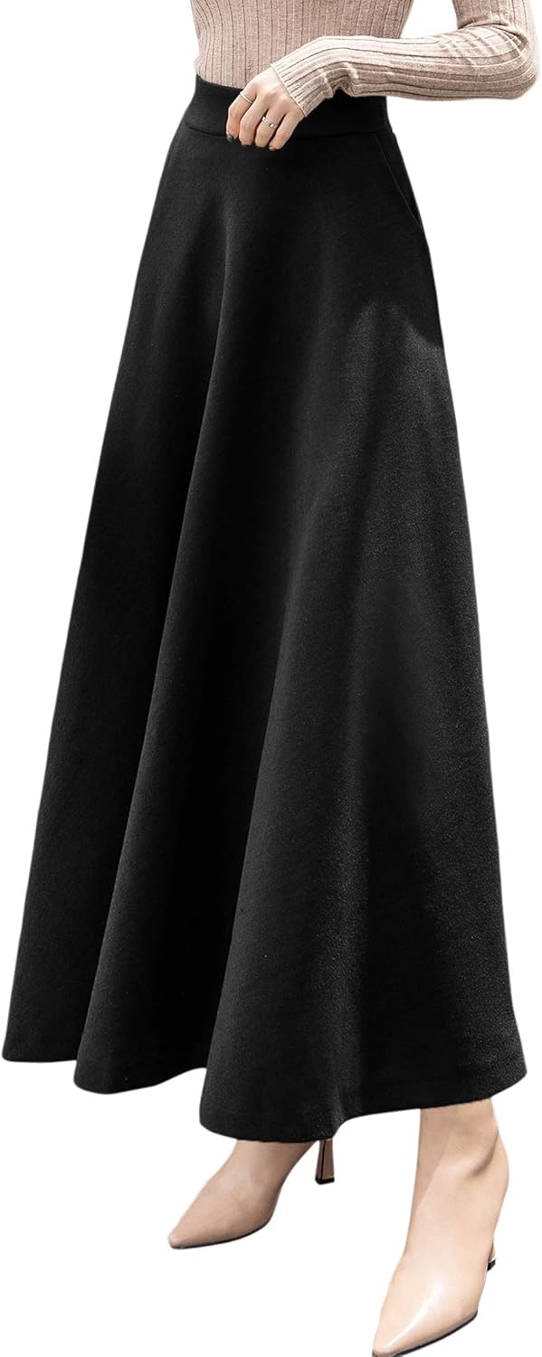 chouyatou Women's Fall Winter A-Line Swing Pleated Long Maxi Wool Skater Skirt