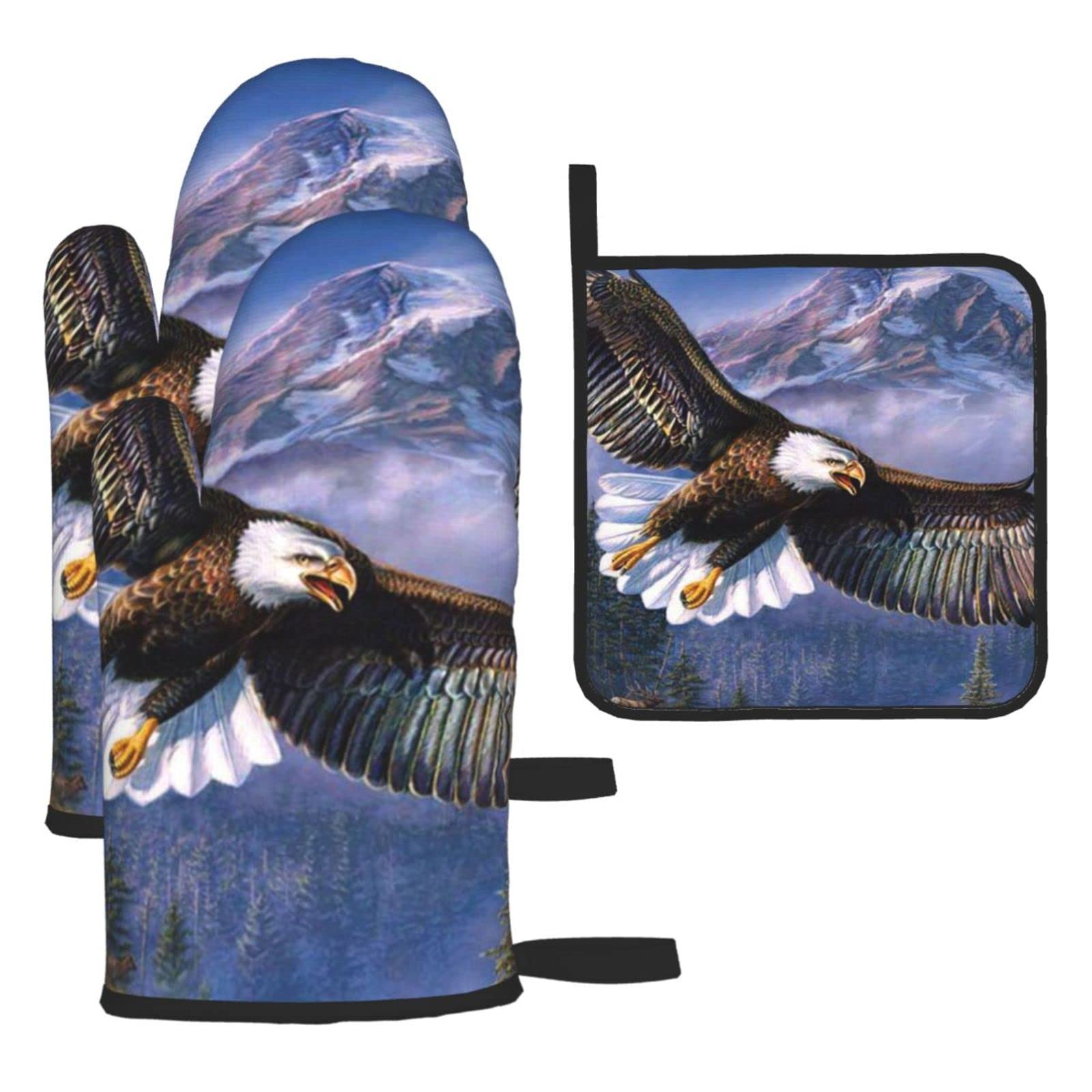 Flying Eagle Printed Kitchen Baking Three-Piece Heat-Resistant Thick Cotton Oven Gloves for Cooking and Baking.