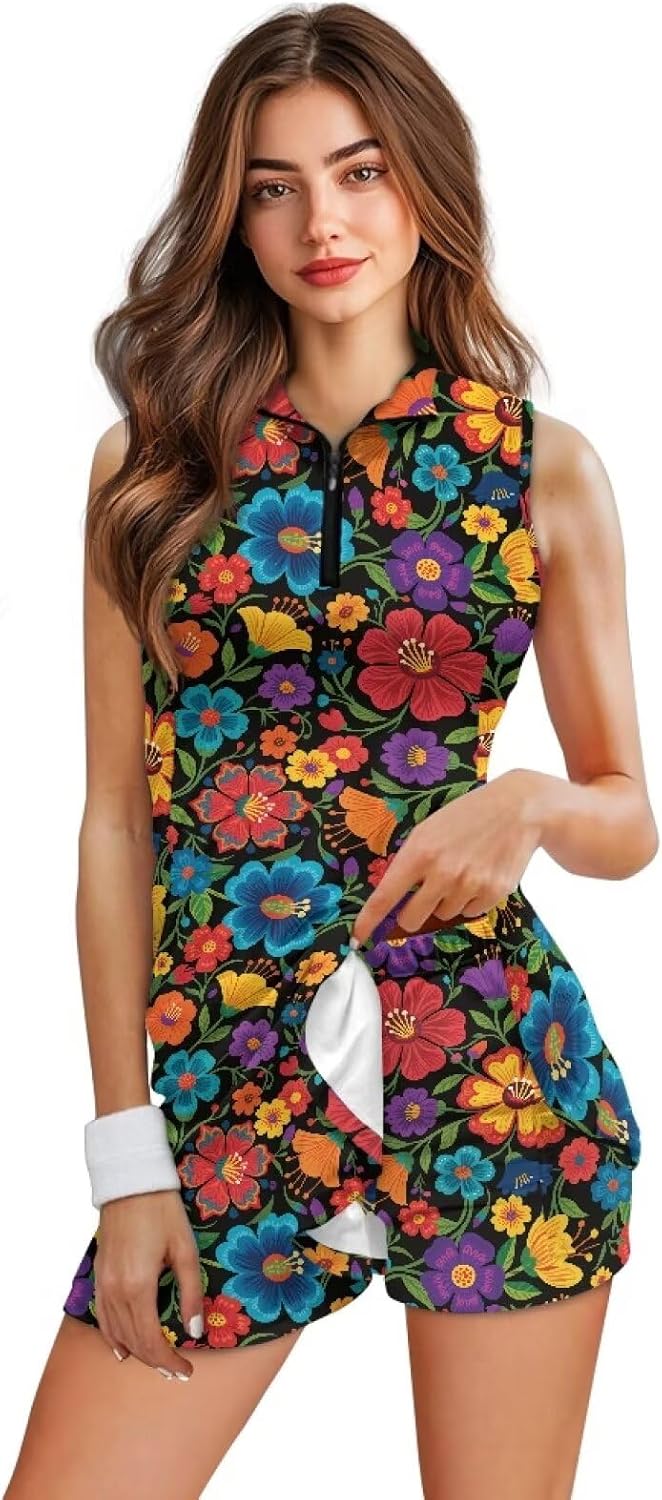 JEOCODY Women's Tennis Golf Dress with Shorts Casual Workout Sports Athletic Dresses Half Zipper Athletic Dresses