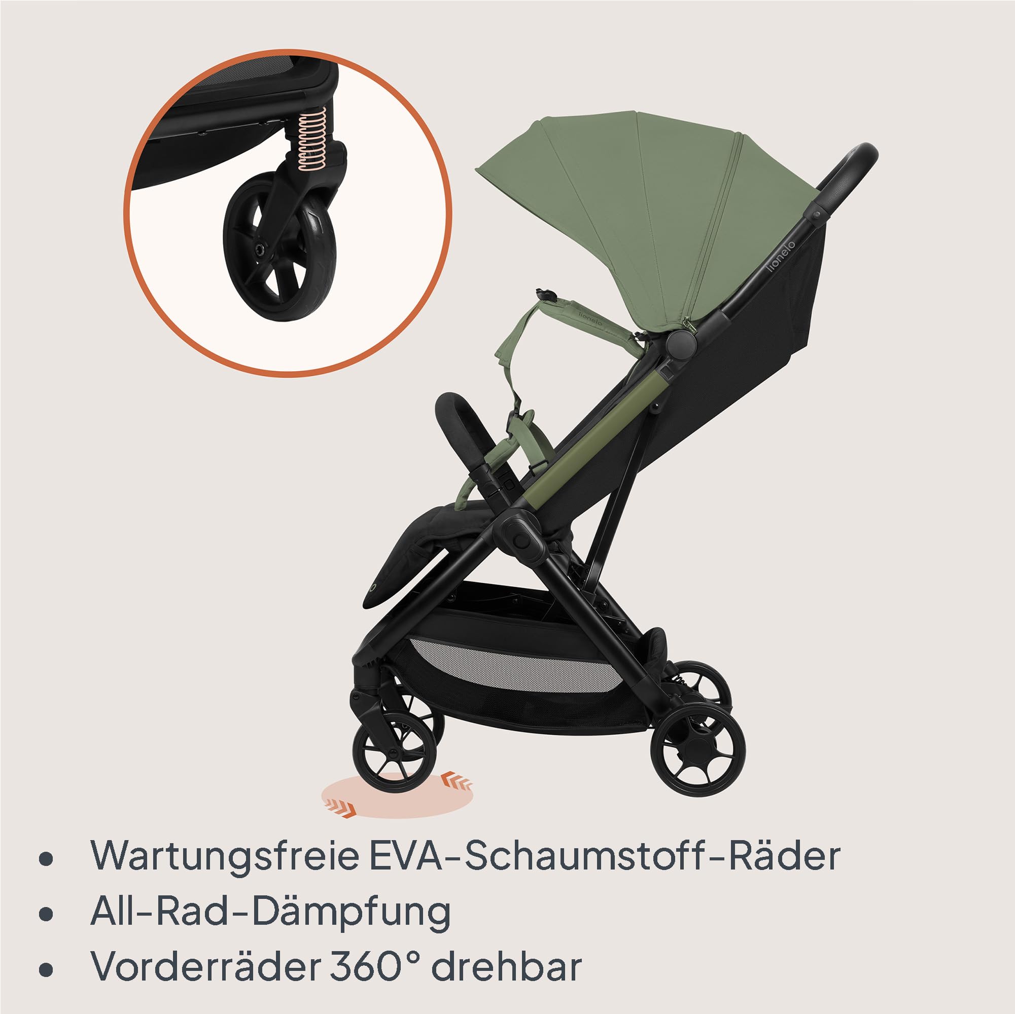 Lionelo Julie Air Buggy bis 22 kg 6 m-4 Jahre 360° Schwenkräder Federung Einhand-Faltmechanismus LSF50+