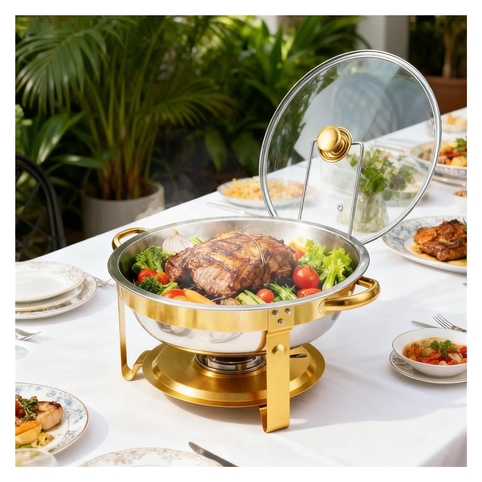 Set Scaldavivande Rotondo for Buffet, Professionale in Acciaio Inox 316 Semilucido Oro for Feste, E Matrimoni Calore A Lunga Durata(4 Pack)