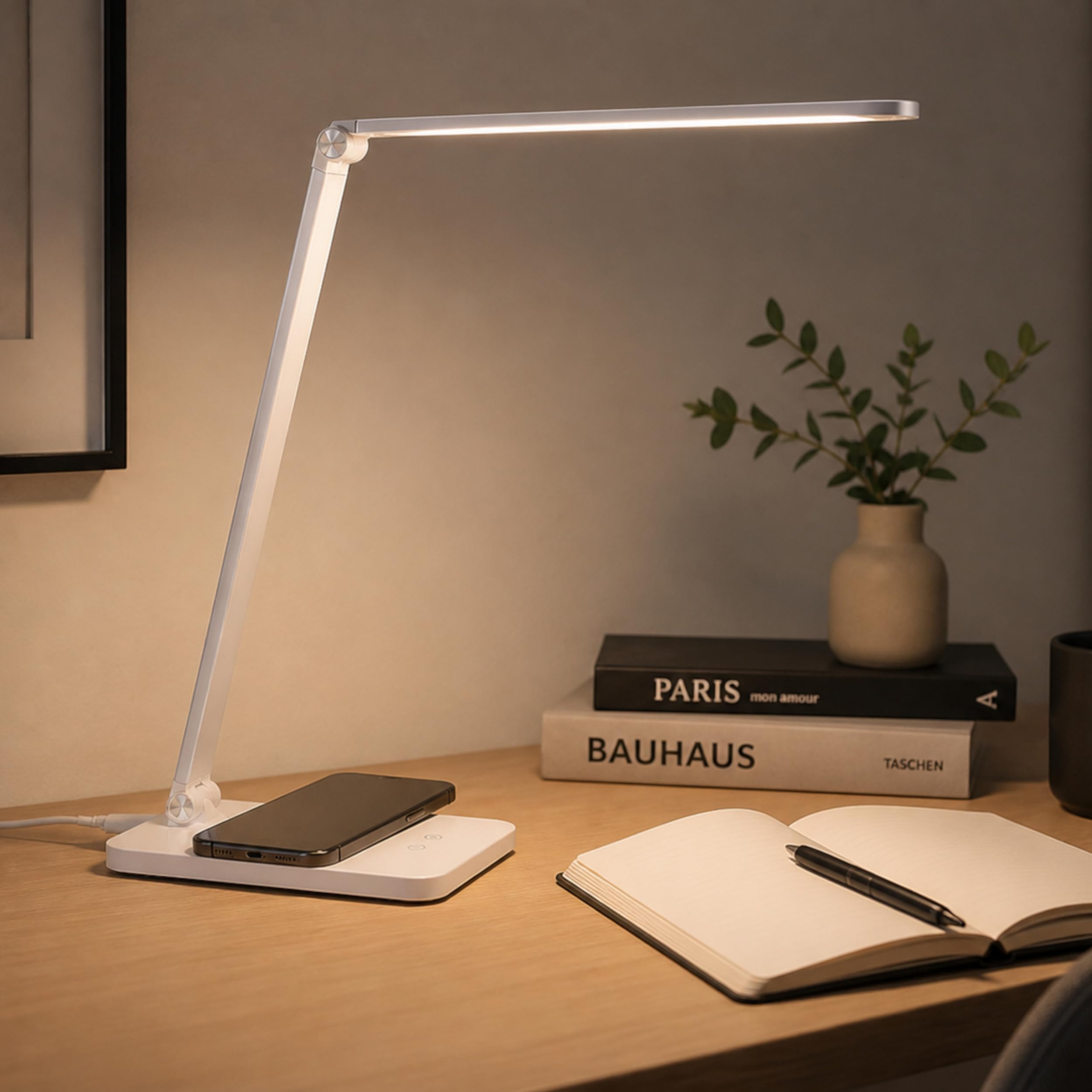 Lightbox Lampada da tavolo LED con CCT (2700-6500 K) e ricarica wireless e | Lampada da tavolo LED, ricarica wireless, dimmer a 3 livelli, USB, CCT, bianco