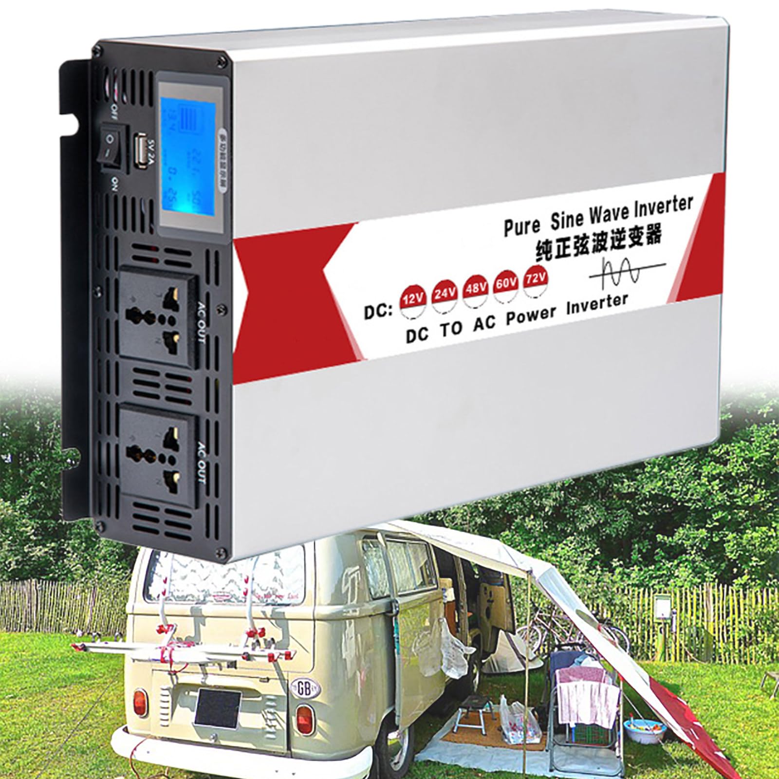 Onduleur à Onde Sinusoïdale Pure 5000 W, Convertisseur CC vers CA, pour Camping-Car, Camion, Maison, Onduleur Solaire Hors Réseau, avec Prises CA, Câbles,24V-220V