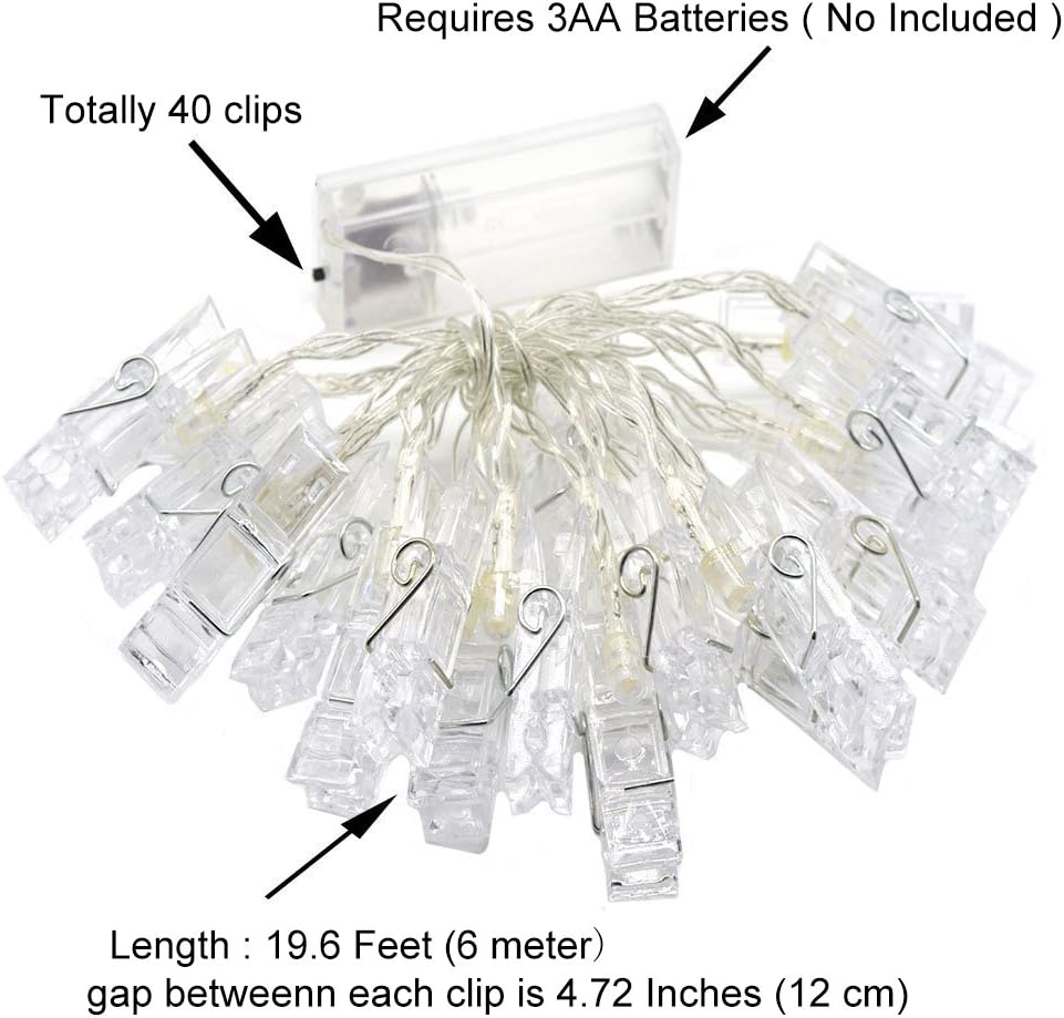 KUXIEN LED Photo Clip String Light Led Picture Light String,Battery Powered LED String Lights for Indoor,Wedding,Party and Wall Decoration (19.6 Ft, Warm White)