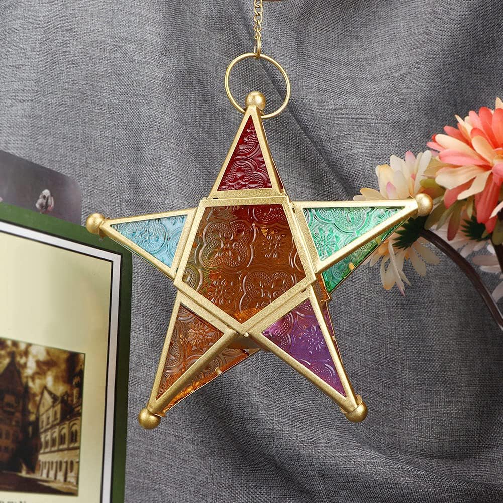 Hanging Star Candle Holder Star Lantern Hanging Ornaments Colorful Decoravtive Lantern Candle Holder Moroccan Lantern Ornaments for Home Patio Garden Window Tree(Gold)