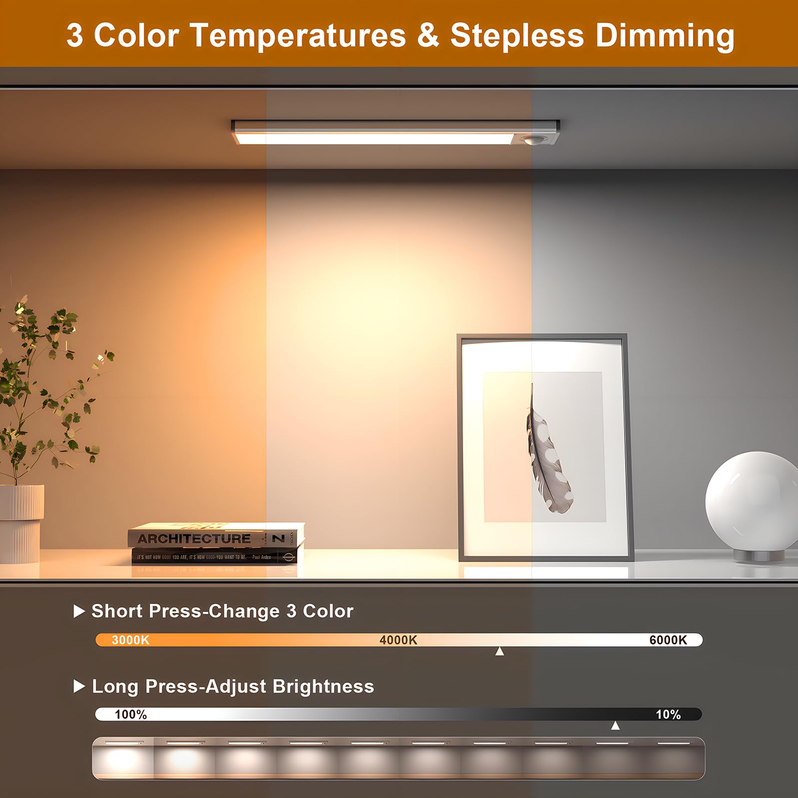 Exsight Under Cabinet Kitchen Lights, LED Motion Sensor Cupboard Light, 3 Color Temperature Stepless Dimming - Image 2