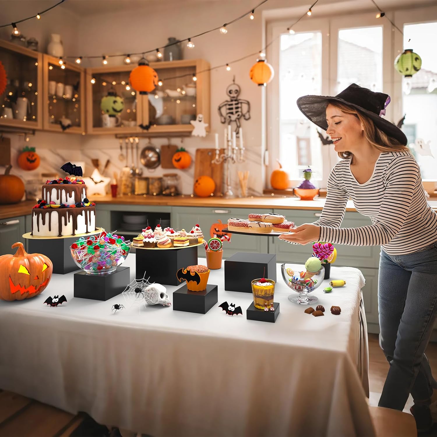 6Pcs Buffet Risers, Food Risers for Buffet Table, Acrylic Boxes for Display Cube Riser Display Stand for Party Catering Dessert Collectibles, Black Set (Size 8", 7", 6", 5", 4", 3")