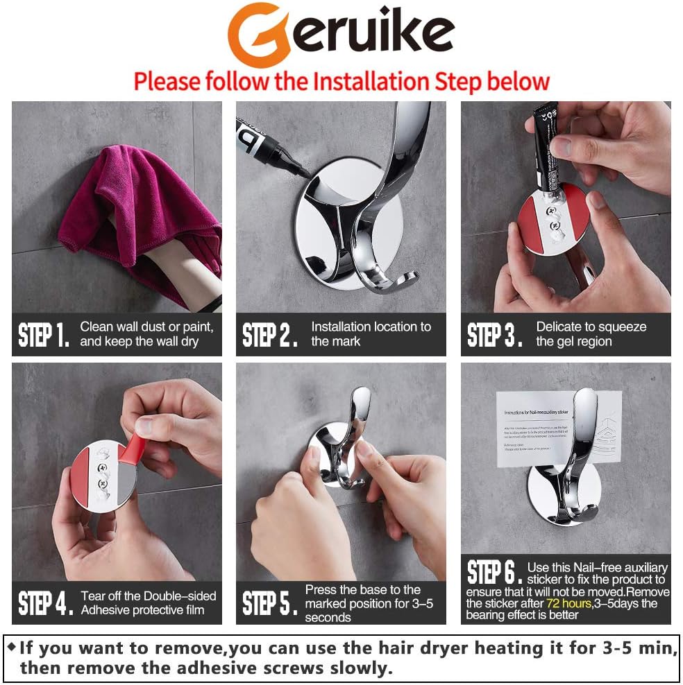 GERUIKE Adhesive Coat Hooks Stainless Steel Self Adhesive Robe Towel Bathroom Kitchen Wall Hook No Screws Damage Free