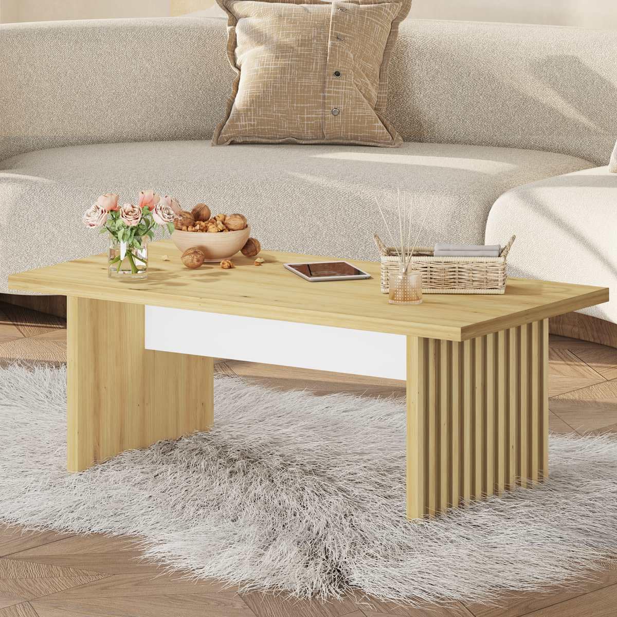 BON AUGURECoffee Table, Modern Coffee Table for Living Room, Wood Rectangular Center Table (White and Oak, 47Inch)
