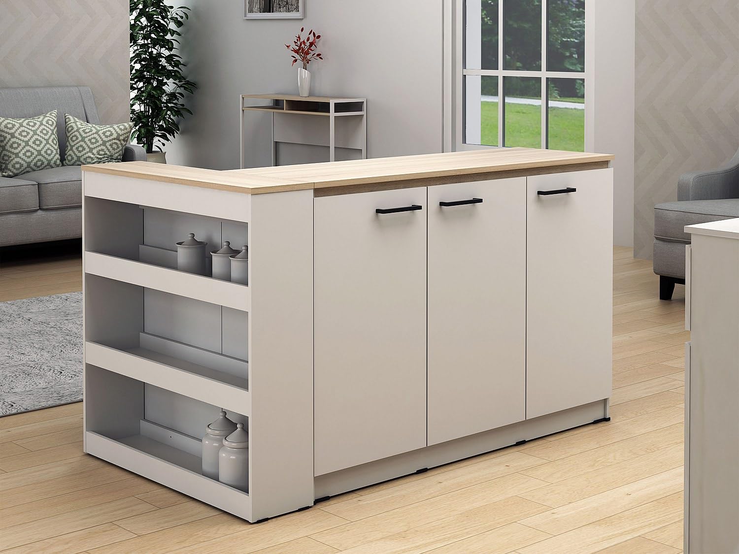Vente-unique - Ensemble îlot Central de Cuisine + 2 tabourets - Blanc et Naturel Clair - NUSICE