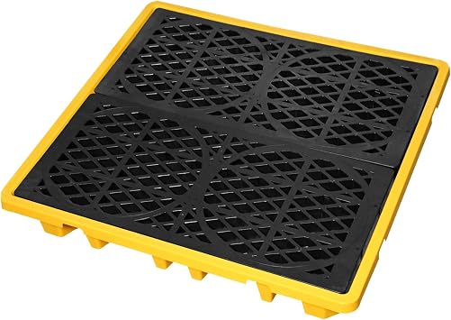 Spill Containment Platform with Drain, 51x51x6in, Anti-Slip Plastic, Leakproof Detachable, 4 Drum Capacity, Yellow for Industrial Use