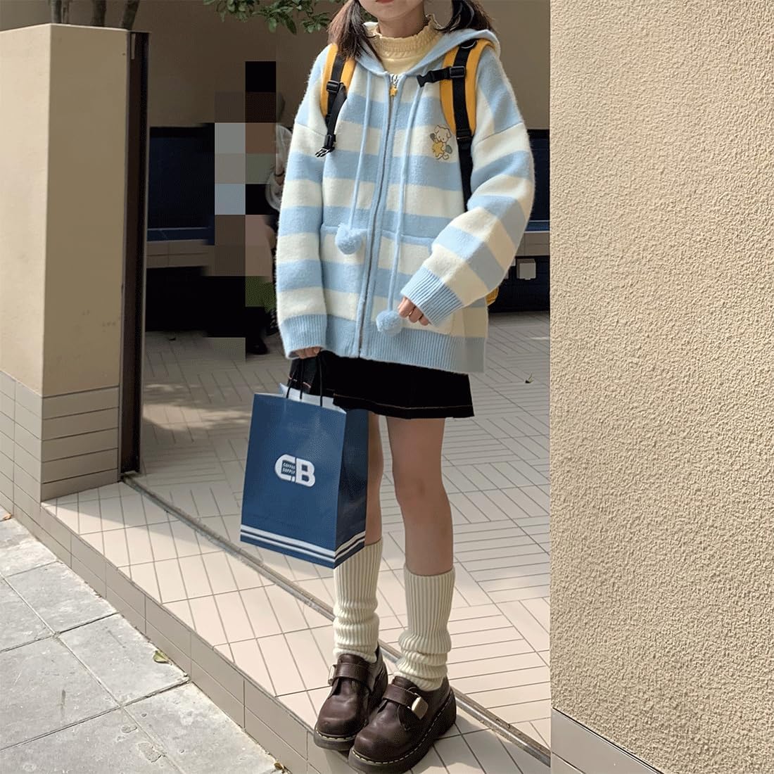 Harajuku Y2K Kawaii Goth Fashion Zipper Soft Knitted Cute Embroidery Doggy Trim Stripe Hooded Cardigan Sweater
