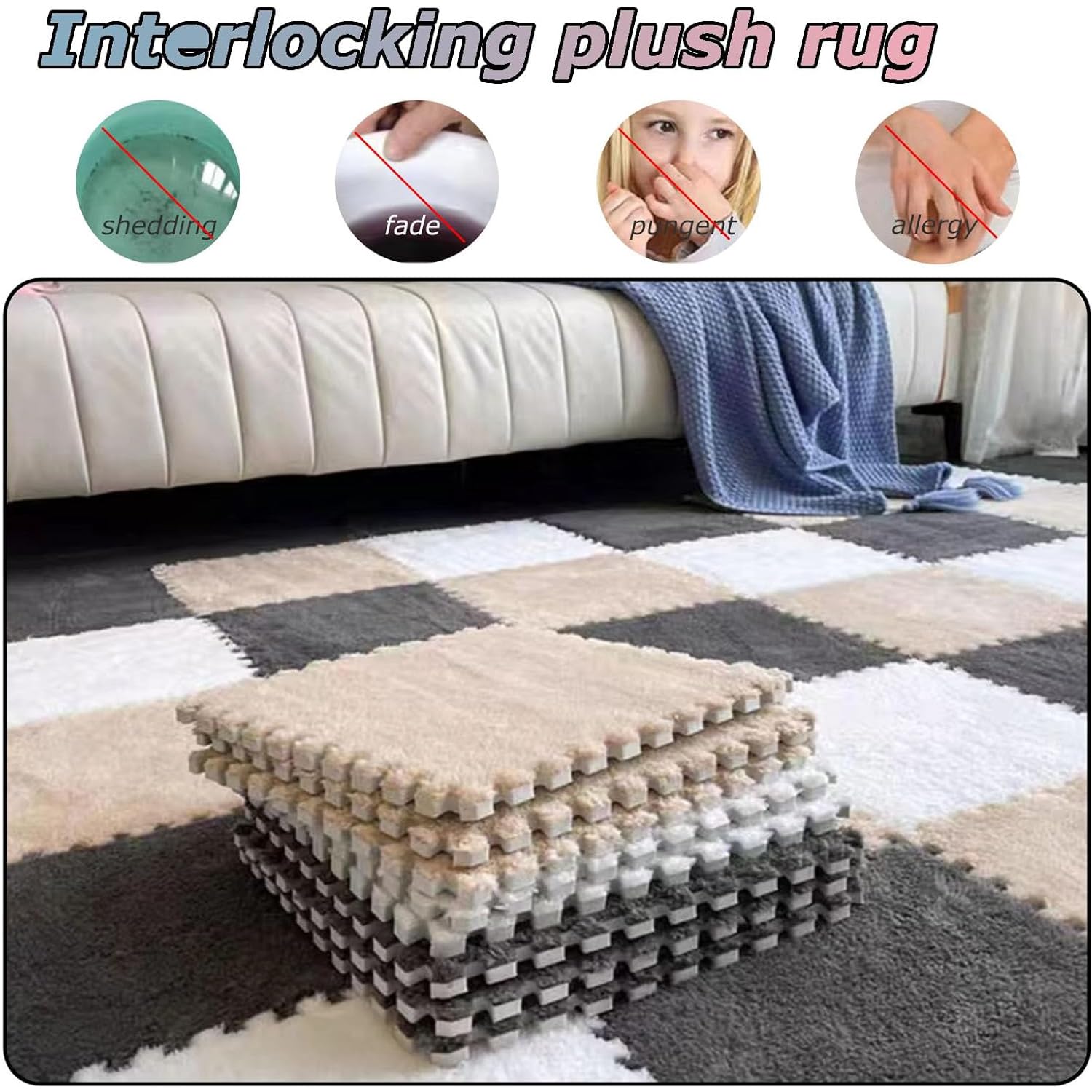 Puzzlematte Schaumstoff-Puzzle-Bodenmatte, 6 Stück, ineinandergreifende Plüsch-Schaumstoffmatten, quadratisch, 30,5 x, 0,4 cm, Mehrfarbig(Navy+White)