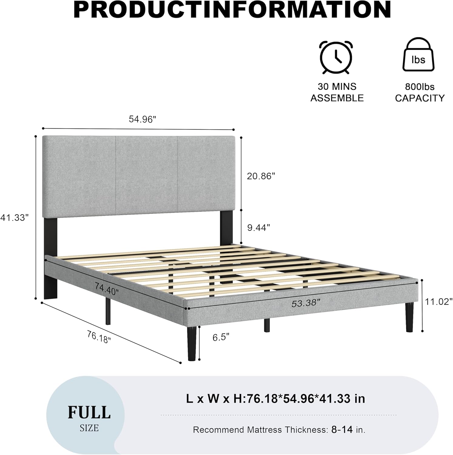 IOILORI Full Size Bed Frame with Upholstered Headboard, Sturdy Wood Slats, No Box Spring Required, Silent, Easy Assembly,Gray