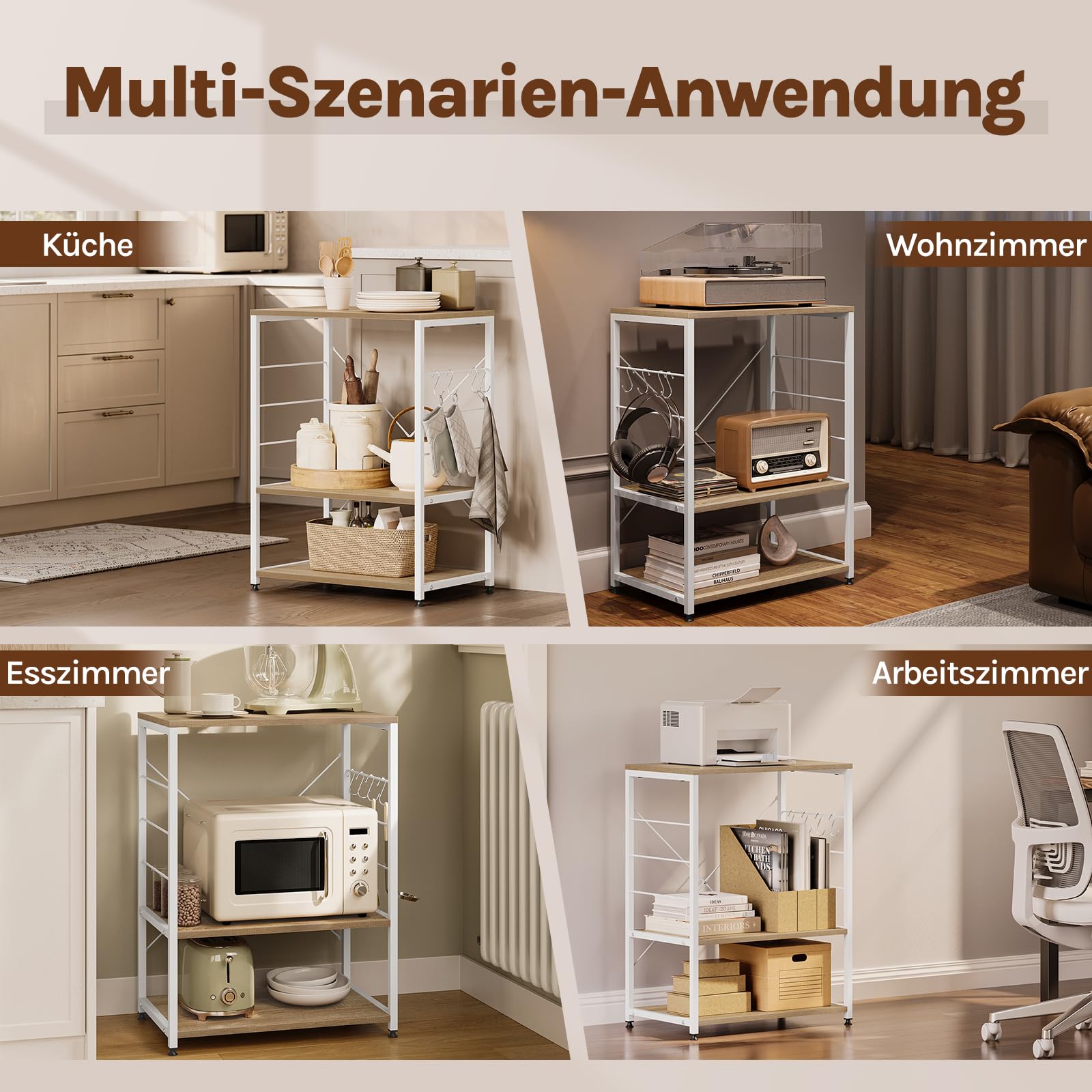 WOLTU Küchenregal, Standregal Mikrowellenhalter, Bäcker Regal Metallregal aus Holz und Stahl, mit 3 Ablagen, ca. 60 x 82 x 40 cm, Weiß + Hell Eiche