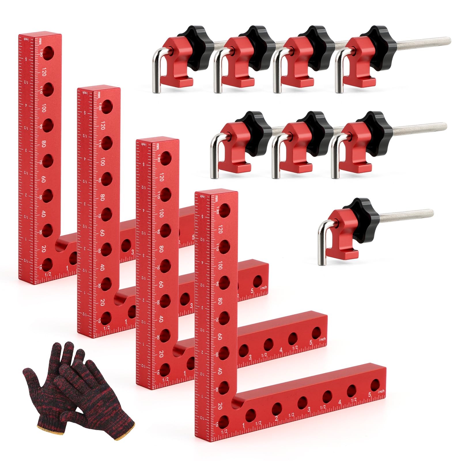 Ángulo de posicionamiento de 90 grados, 4 abrazaderas de aleación de aluminio de ángulo recto (14 cm/5,5 pulgadas), herramientas de carpintería para carpintería, bricolaje, manualidades (rojo)