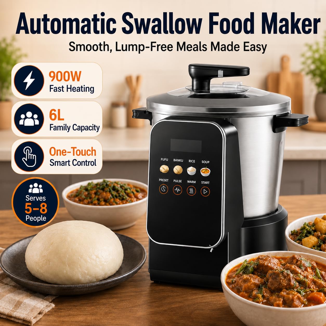 Fufu Maker automatique 6 L, 900 W Yam Pounder avec contrôle tactile LED