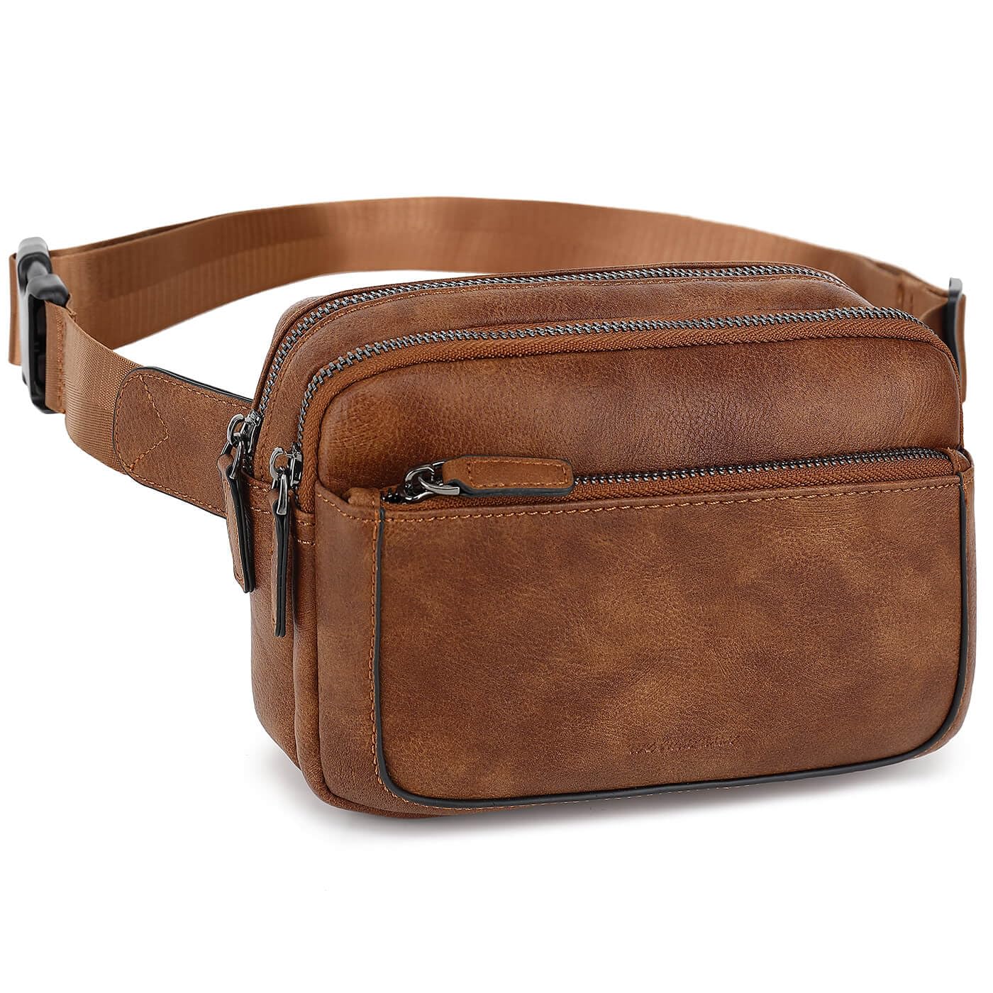 Fanny Packs for Women, Leather Vegan Belt Bag Crossbody Waist Bag Adjustable Strap, Large Fashion Everywhere Belt Bag, Brown