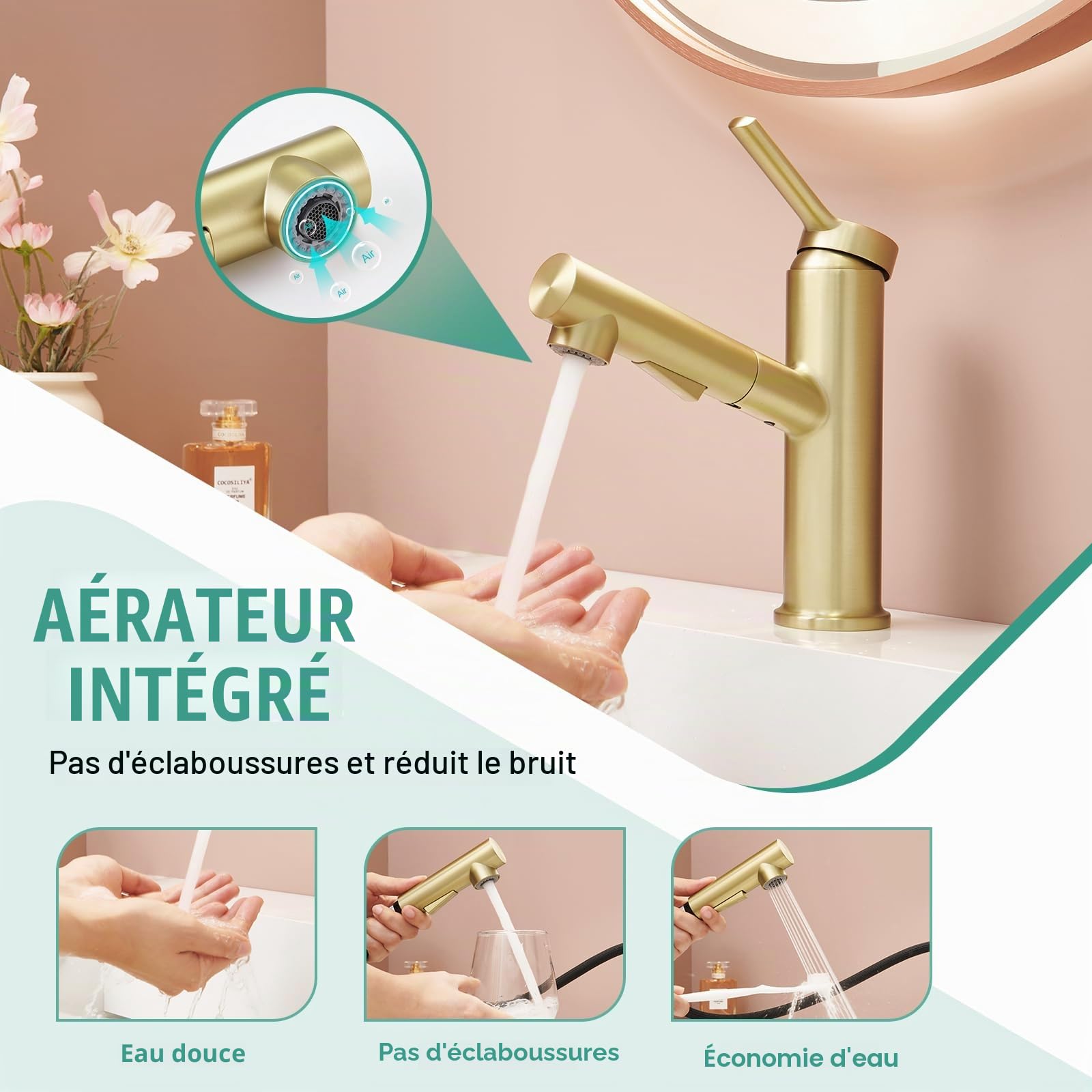 Faustina Robinet Salle de Bain pour Lavabo avec Douchette Extractible, Mitigeur Monocommande Monotrou, Or