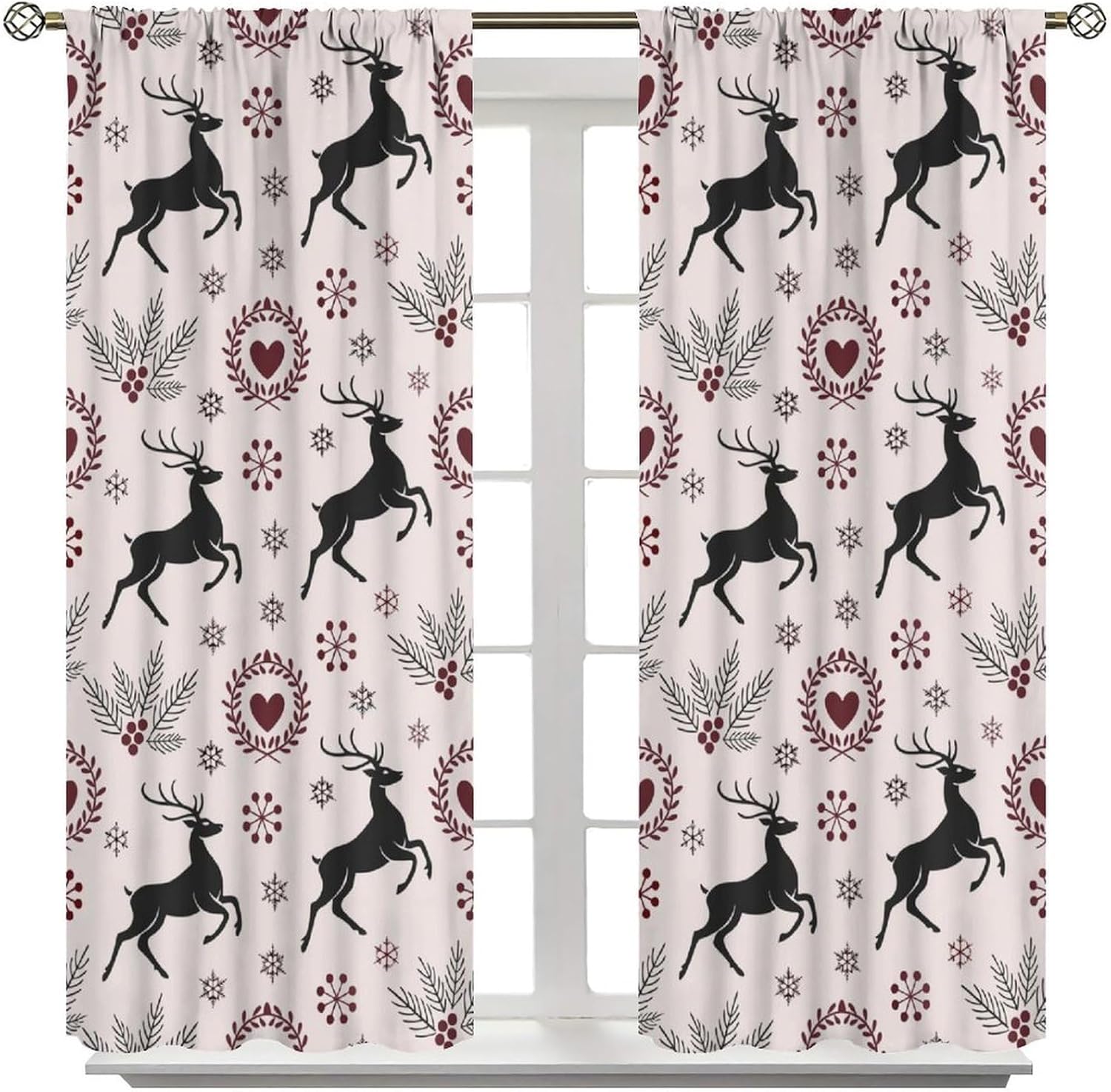 Cartoon Deer Snow Christmas Curtains Love Shape Heart Leave Animals Printed Rod Pocket Thermal Insulated Blackout Window Drapes for Living Room and Bedroom Party 42" W X 45" L