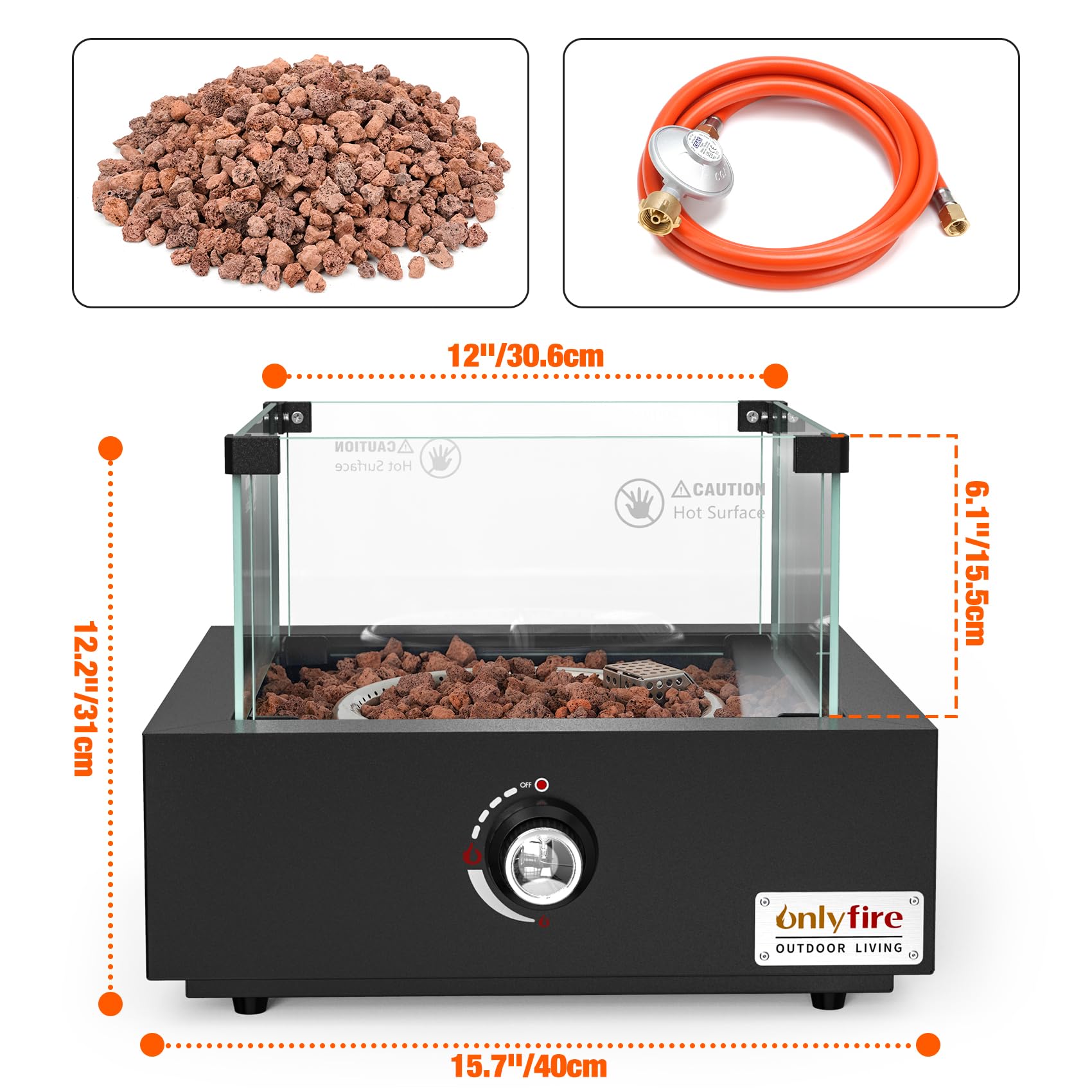 Onlyfire Tisch Gas Feuerstelle, Quadratische Outdoor Feuertisch mit Glaswindschutz, Lavastein und Hinterem Lufteinlass, Multifunktional Tischfeuer für Heizung, BBQ Grill & Ambientebeleuchtungen