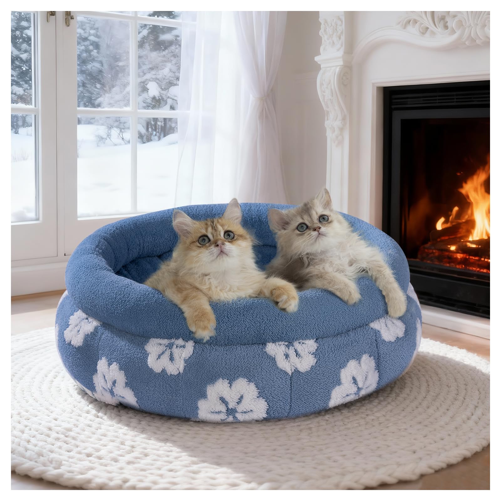 BALANCE Flower shaped cat bed with blue jacquard fabric