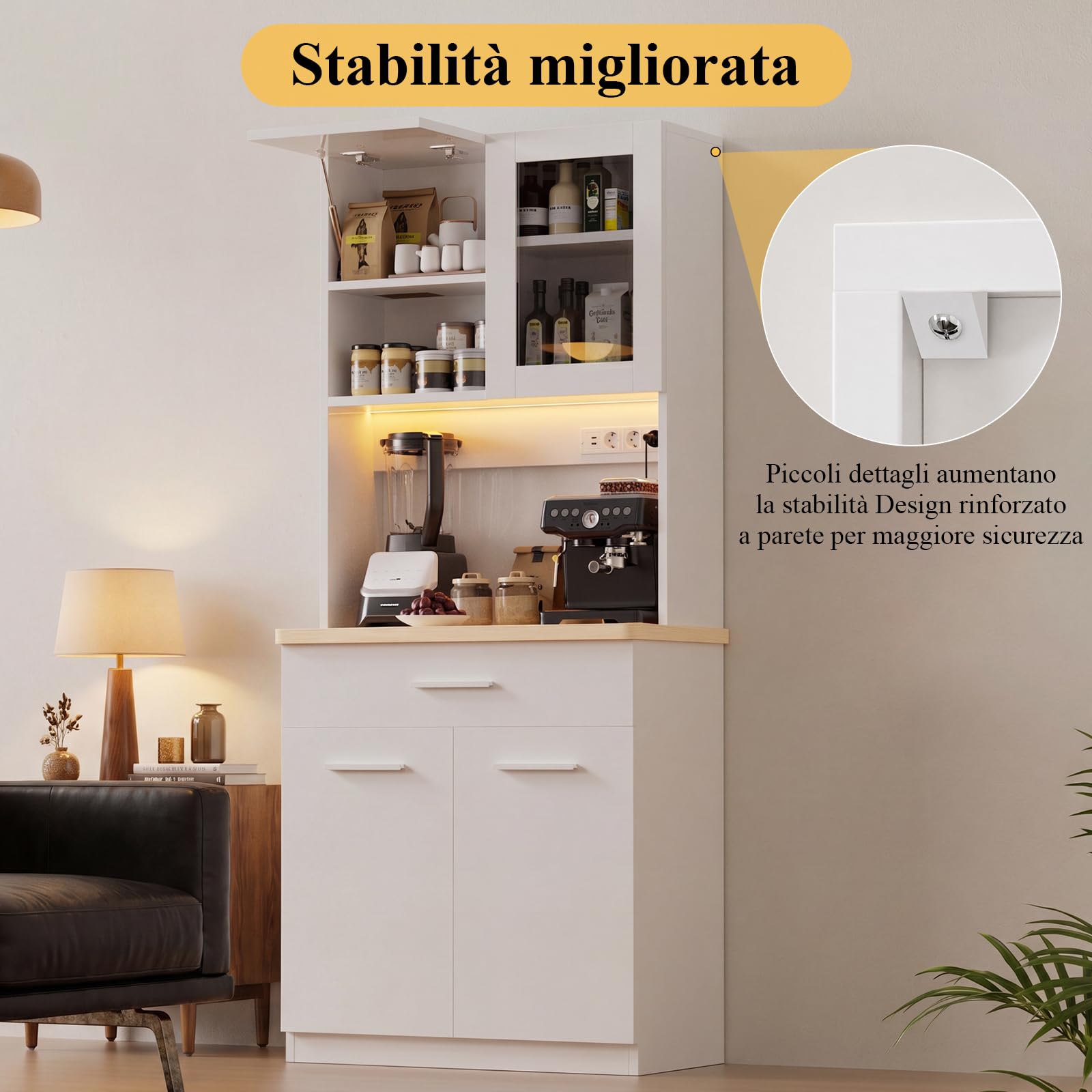 Devoko Mobile da cucina con piano di lavoro e presa elettrica, Credenza buffet LED con chiusura ammortizzata, Dispensa altezza regolabile con pannello posteriore rinforzato (Bianco)