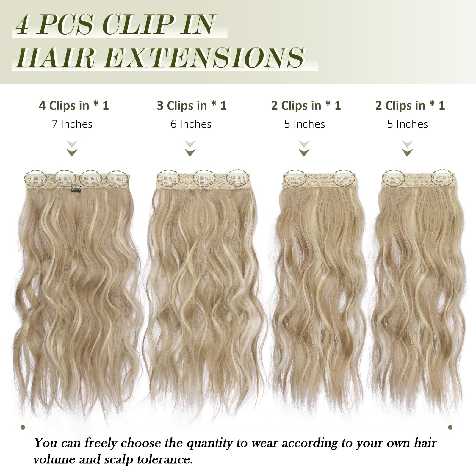 FESHFEN Clip in Hair Extensions 4PCs Long Wavy Thick Hair Piece Highlighted Full Head Synthetic Natural Curly Dirty Blonde Extension for Women 16 Inch - Image 2