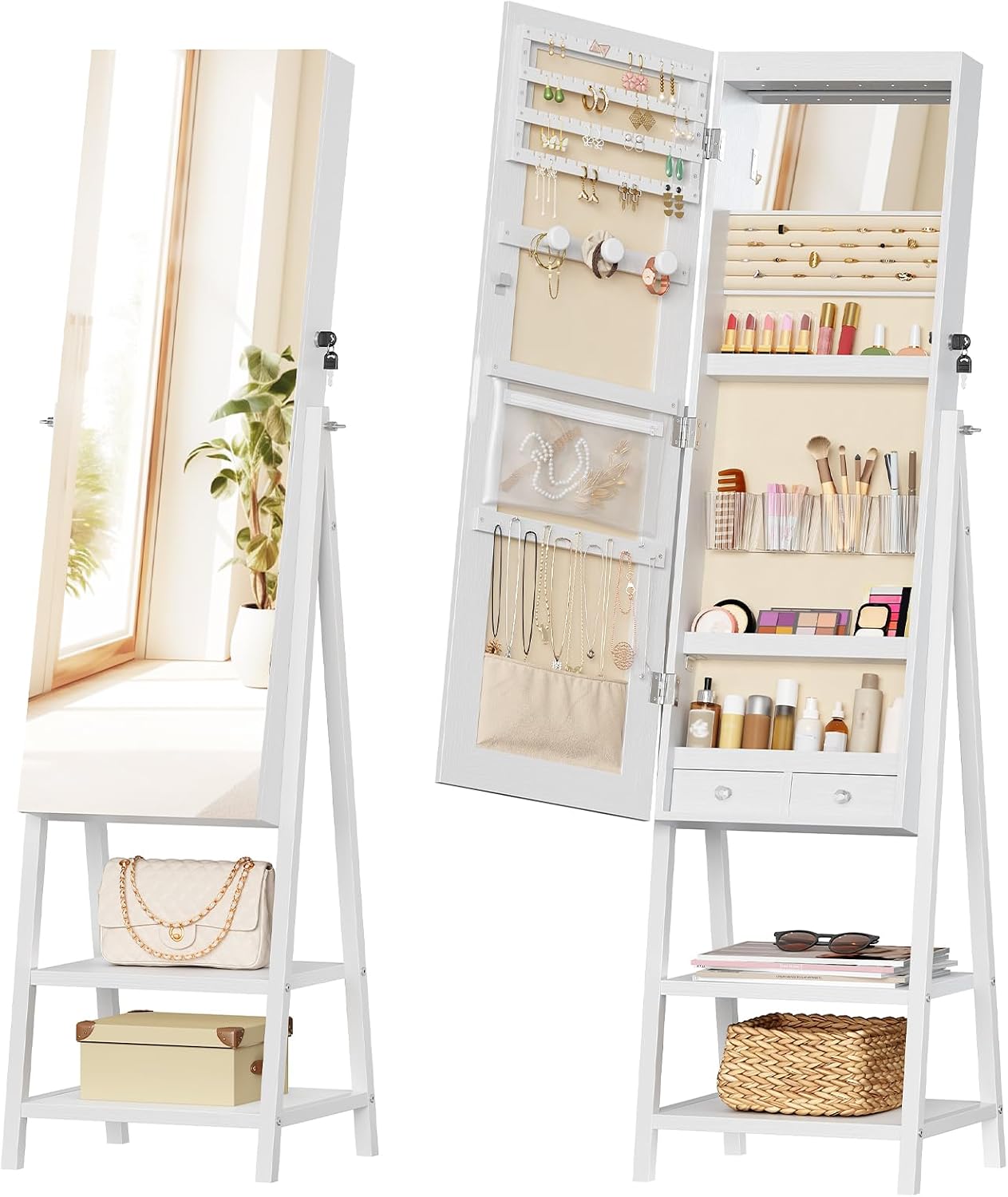 HOOBRO Standing Jewelry Cabinet with LED Lights, Jewelry Organizer with Storage Shelves, Full Length Mirrored Jewelry Armoire, Lockable Cosmetics Storage Cabinet, Makeup Brush Boxes, White