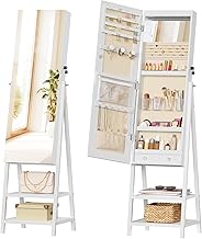HOOBRO Mirrored Jewelry Cabinet, Standing Jewelry Armoire with LED Lights, Jewelry Organizer with 2 Storage Shelves, Storage Cabinet with Mirror, for Living Room, Bedroom, Cloakroom, White