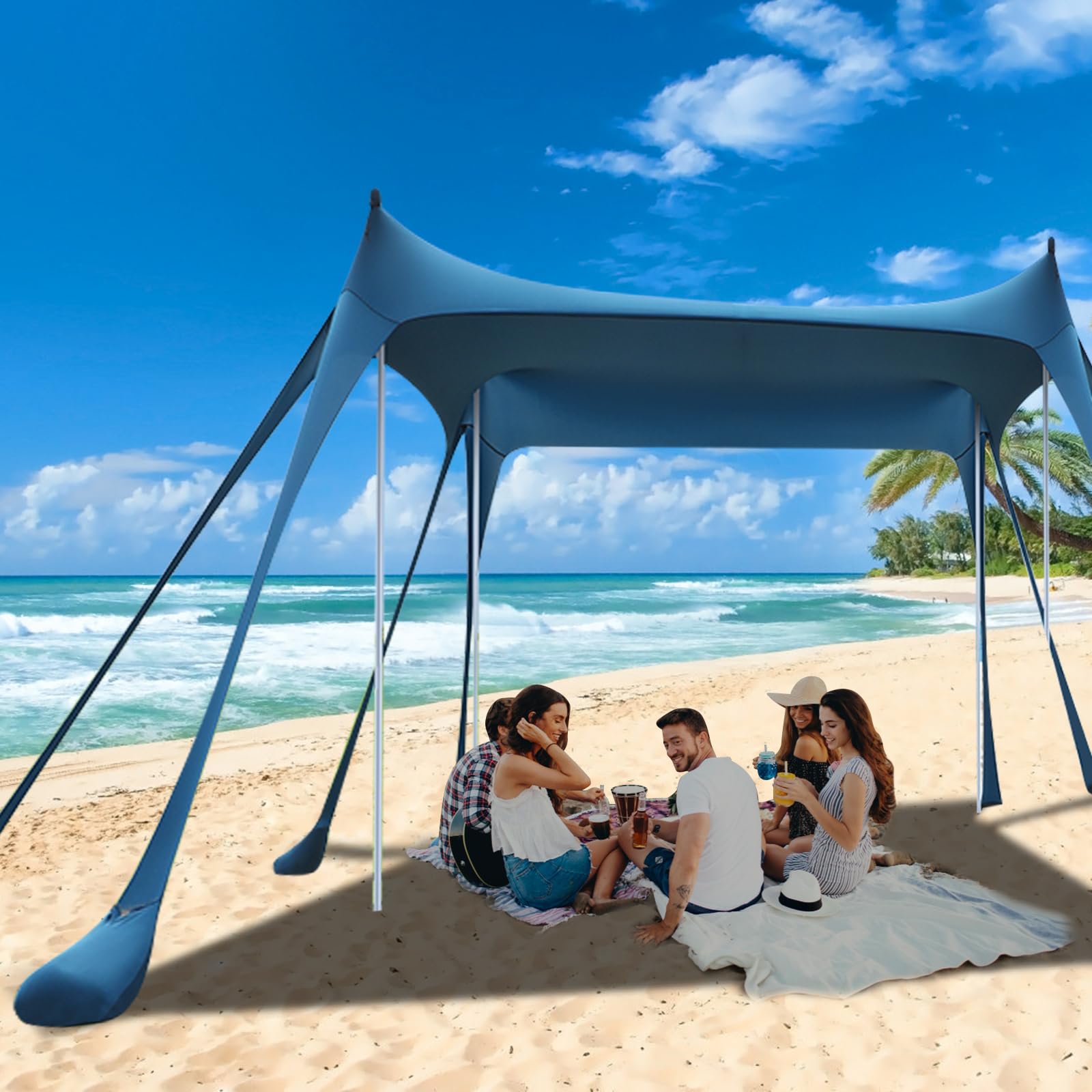 Cozify Beach Tent Sun Shelter, UPF50+ Pop Up Beach Tent for 6-8 People Portable Beach Shelter with 4 Aluminum Poles, Carry Bag for Beach, Outdoors, Camping, Picnics, Garden (300x 300cm）