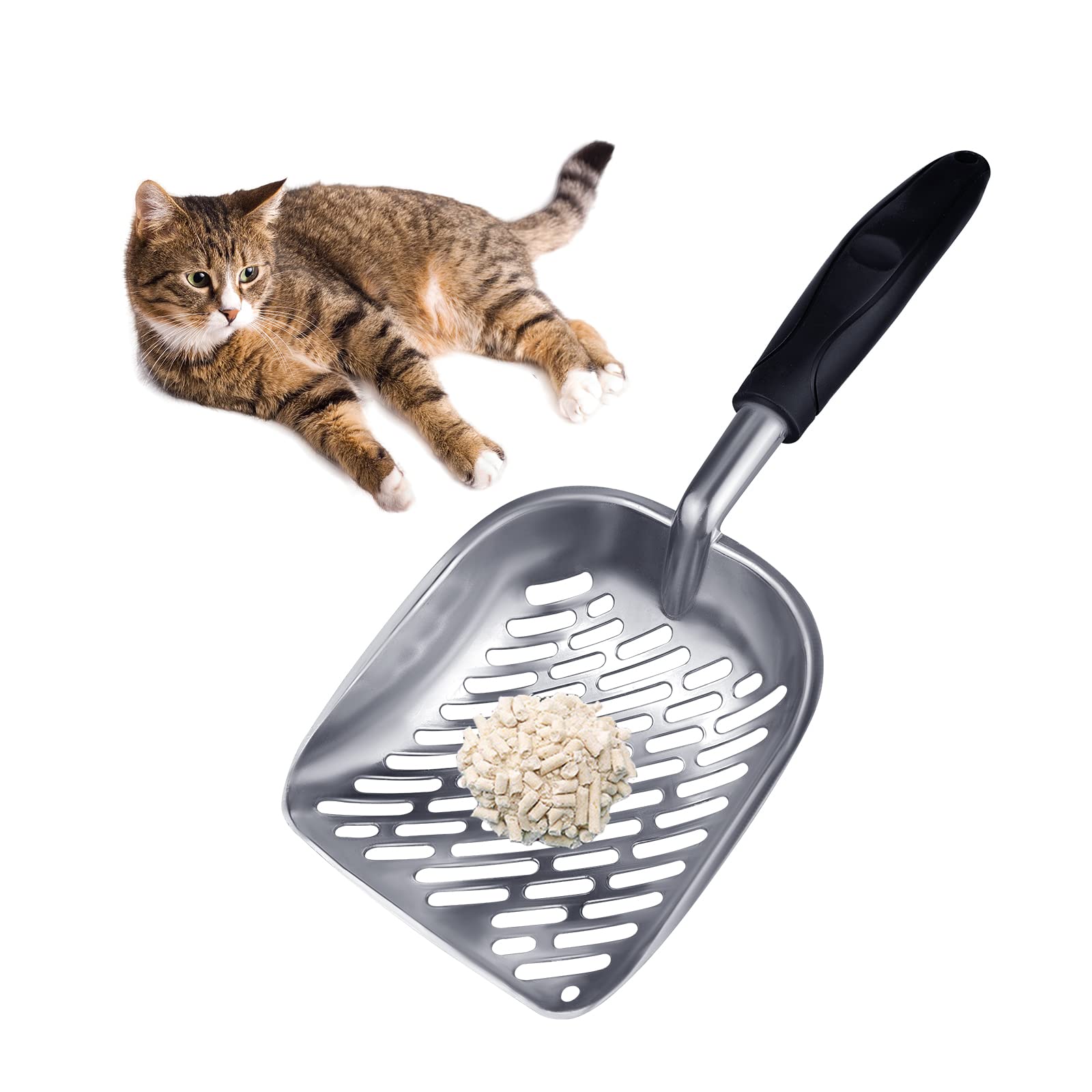 Metal Cat Litter Scoop Durable Large Litter Box Sifter with Ergonomic Long Handle and Large Holes Slot Pet Litter Shovel Easy to Clean (Black)
