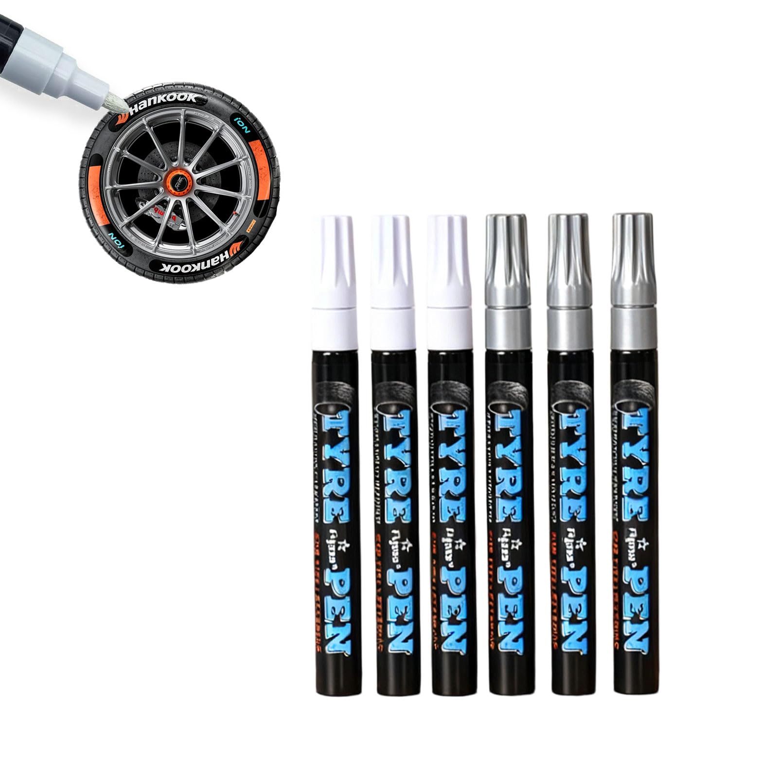 Reifen Stift Wasserfest Auto – 6er Reifenmarker, Graffiti Lackstift für Autoreifen & Motorradreifen, Reifenstifte mit hoher Kapazität Ideal für langlebige Markierungen & Reifen/Gummi (Weiß+Silber )