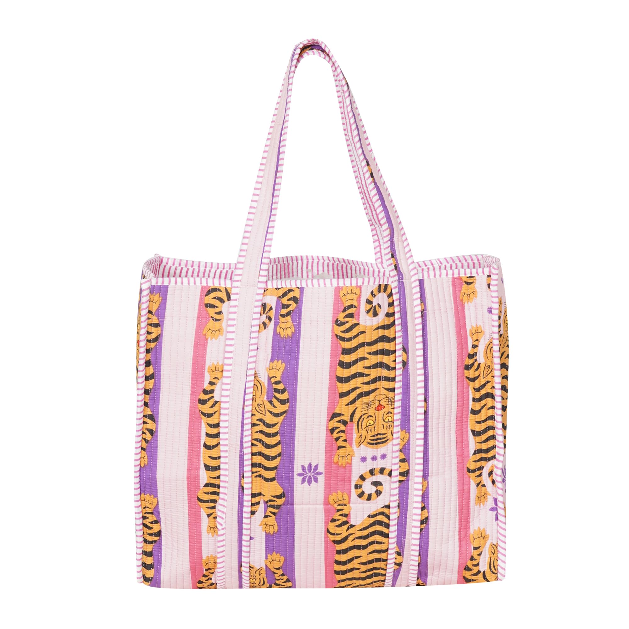 LKGSM RUGS Cotton Tiger Block Print Tote Bag, Indian Handmade Shopping Shoulder Bag, Unisex Market Daily Use, Dn 61, Standard