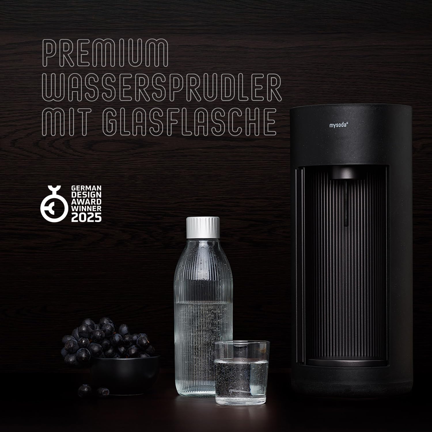 Mysoda: Glassy Wassersprudler aus Holzkomposit und Aluminium mit 1L Glasflasche (ohne C02-Zylinder) - Schwarz