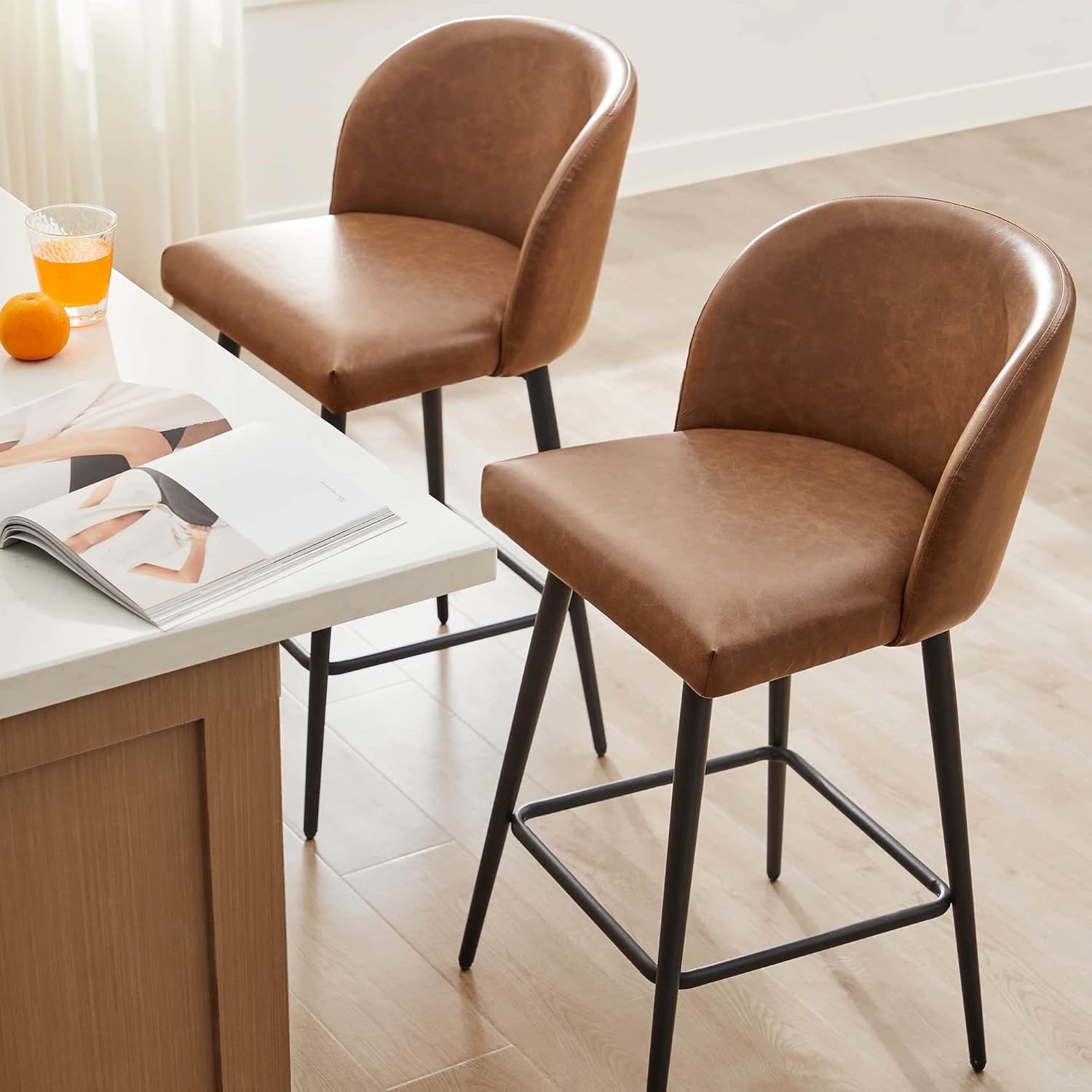 Saddle Brown Faux Leather Swivel Counter Stool with Metal Legs